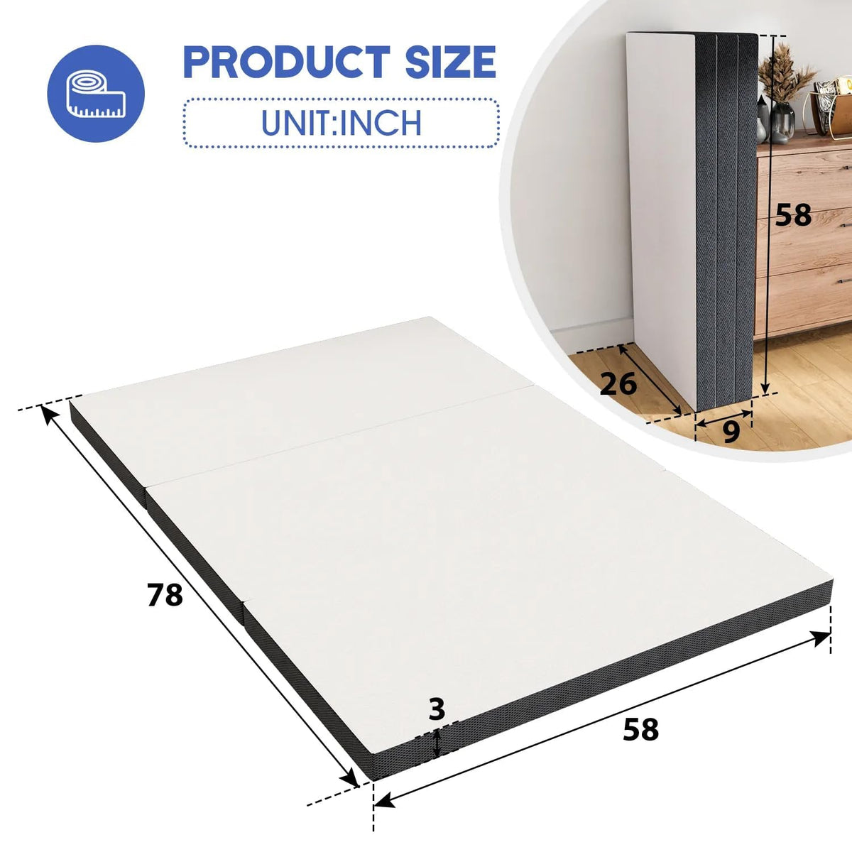 3 Inch Queen Size Tri-Fold Memory Foam Mattress Topper O341291