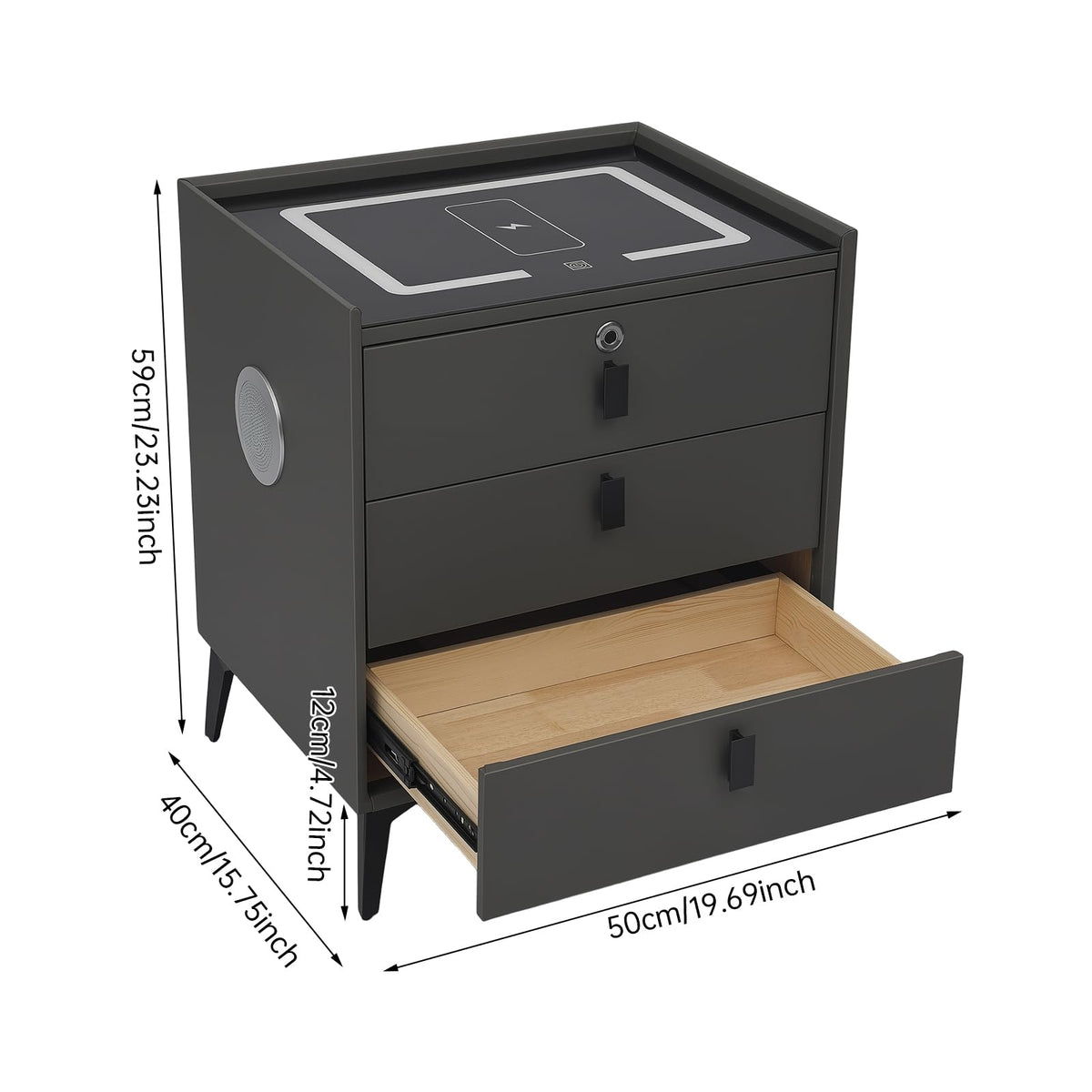 Fingerprint Lock Nightstand with USB & Wireless Charging and 3 Drawers W780