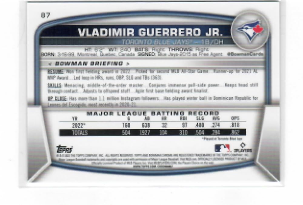 2023 Bowman Chrome Mega Box Mojo Refractor Aqua #87 Vladimir Guerrero Jr. /225 Toronto Blue Jays Baseball NM-MT A88565
