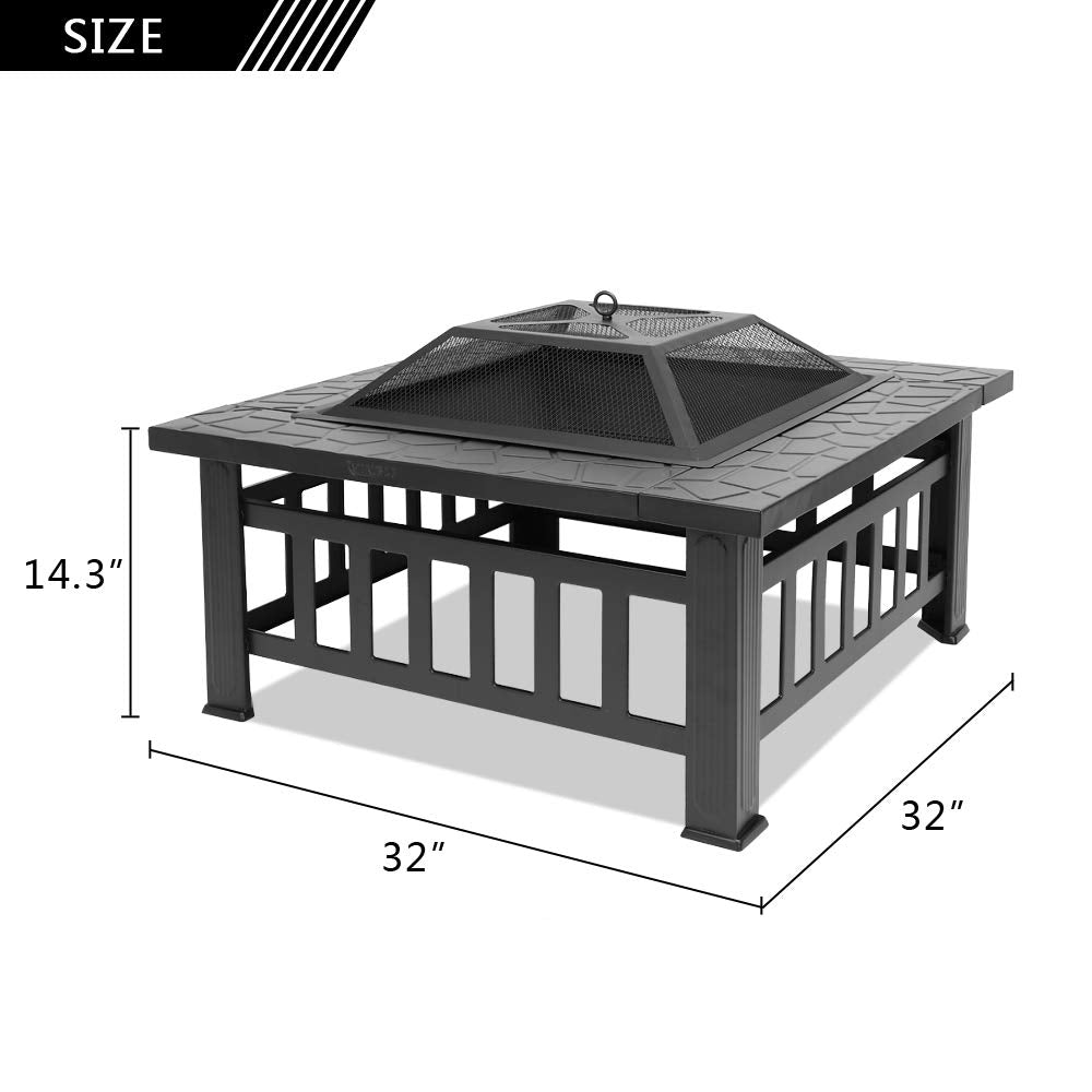 32" Metal Square Fire Pit with Charcoal Rack D739