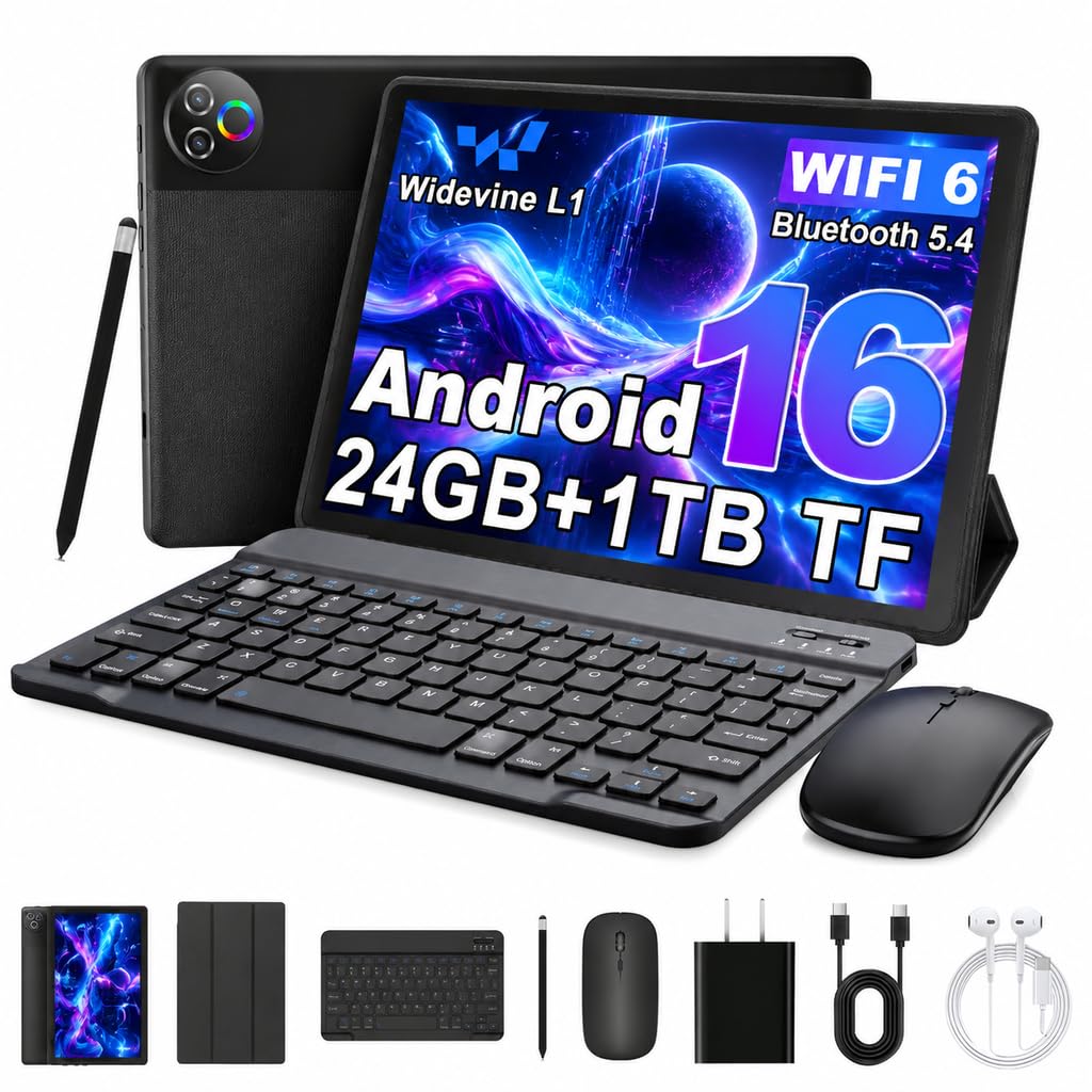 Android 16 Tablet with Keyboard Mouse Stylus Case, 24GB RAM 1TB TF Expand, 10 inch HD IPS Screen A3889