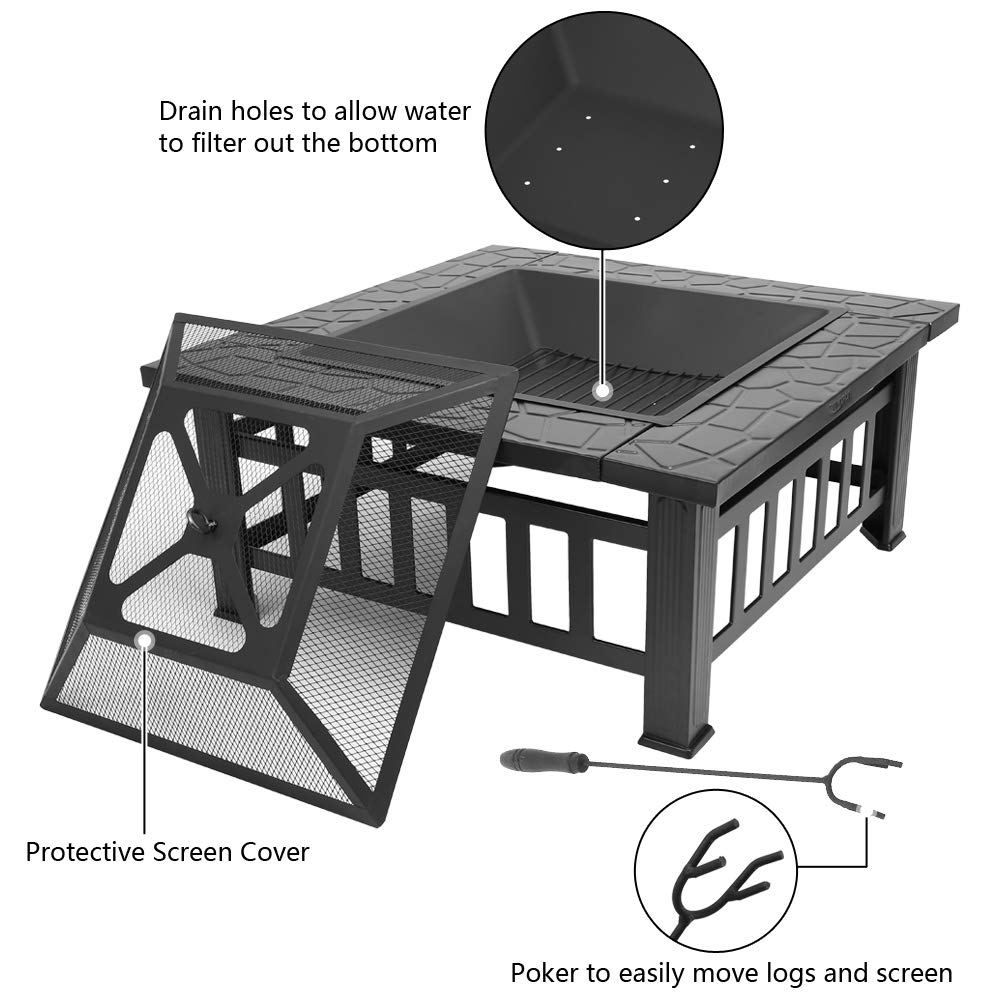 32" Metal Square Fire Pit with Charcoal Rack D739