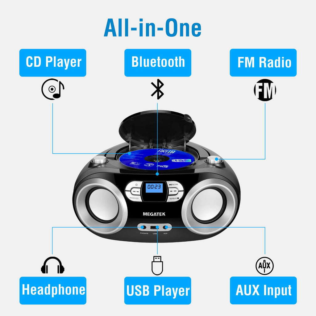 Portable CD Player Boombox with Bluetooth & FM Radio – Black E126869
