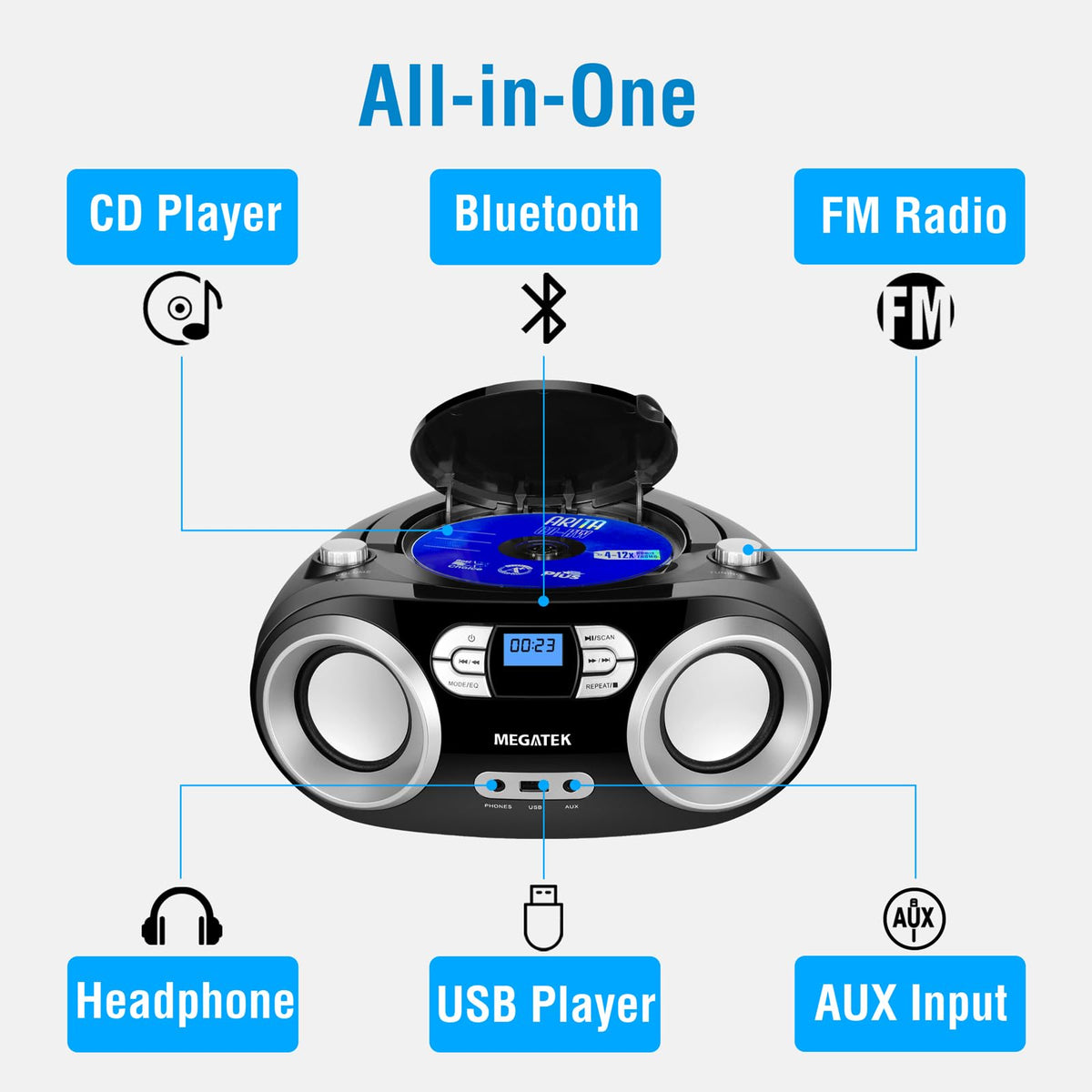 Portable CD Player Boombox with Bluetooth & FM Radio – Black E126869