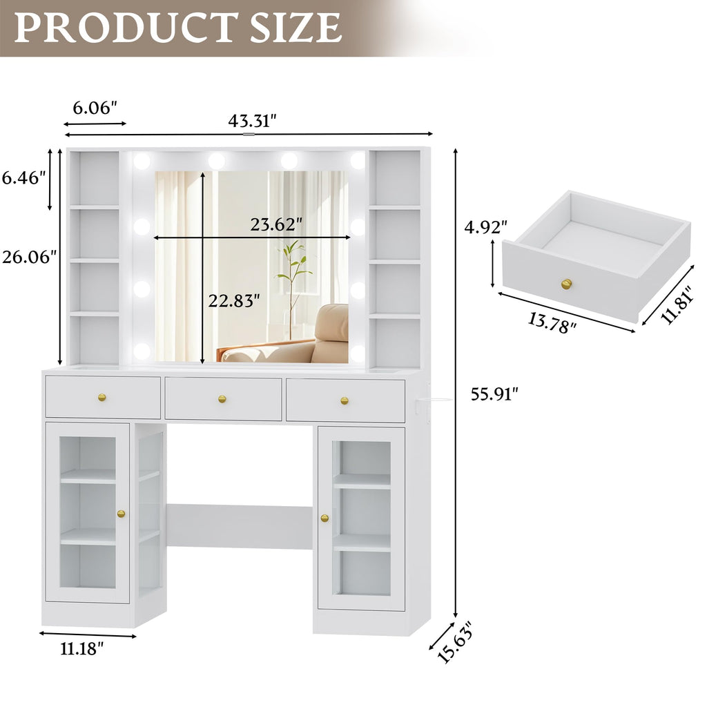 White Makeup Vanity Desk with Mirror and Lights H77089