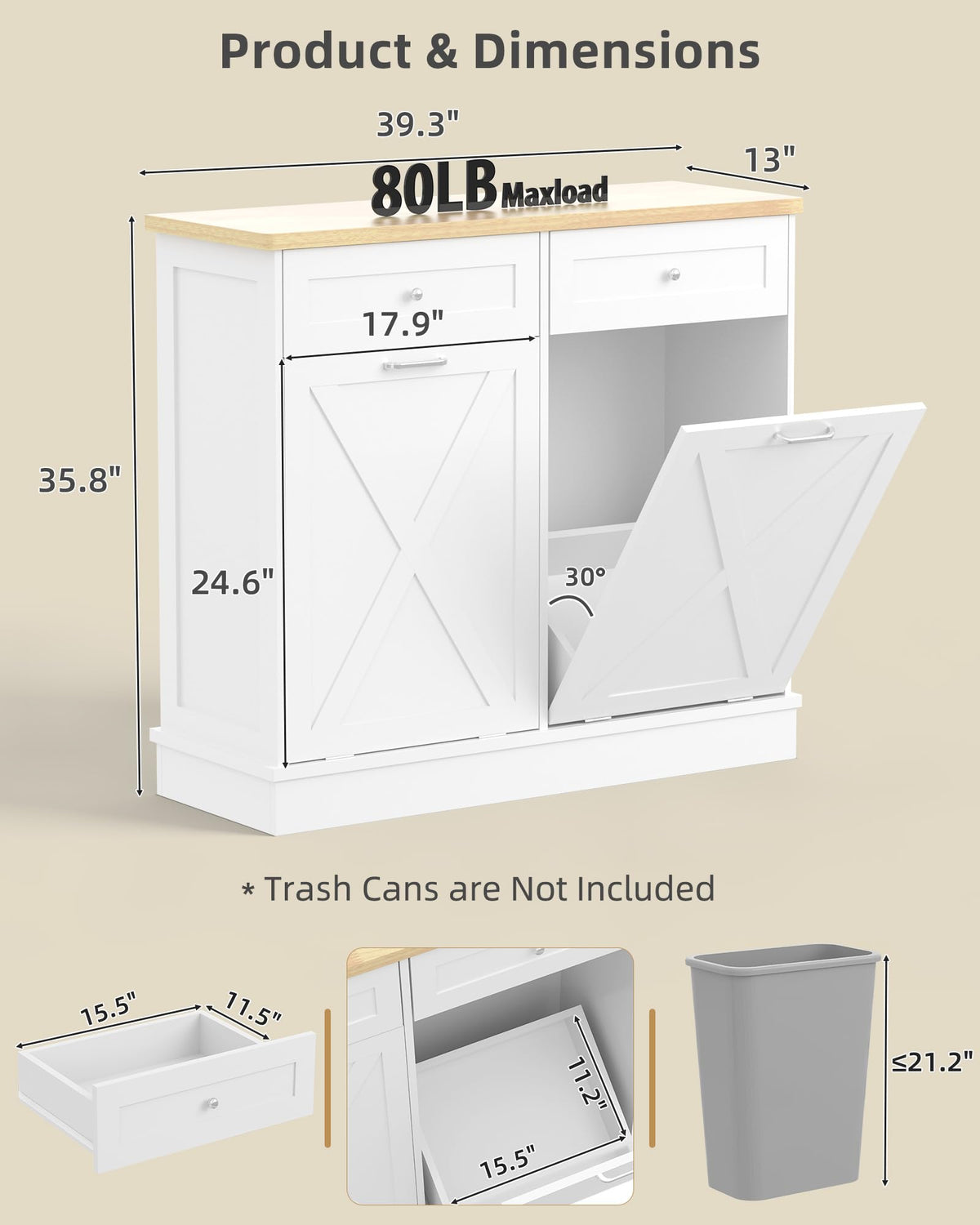 2x10 Gallon Tilt Out Trash Cabinet with Hideaway Drawers, White K202929