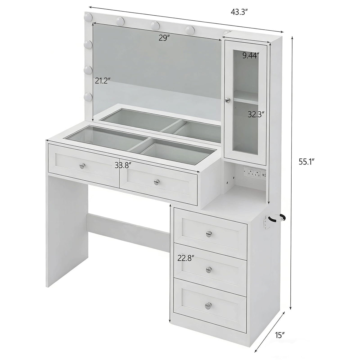 White Vanity Desk with LED Lights Mirror and 5 Storage Drawers W427
