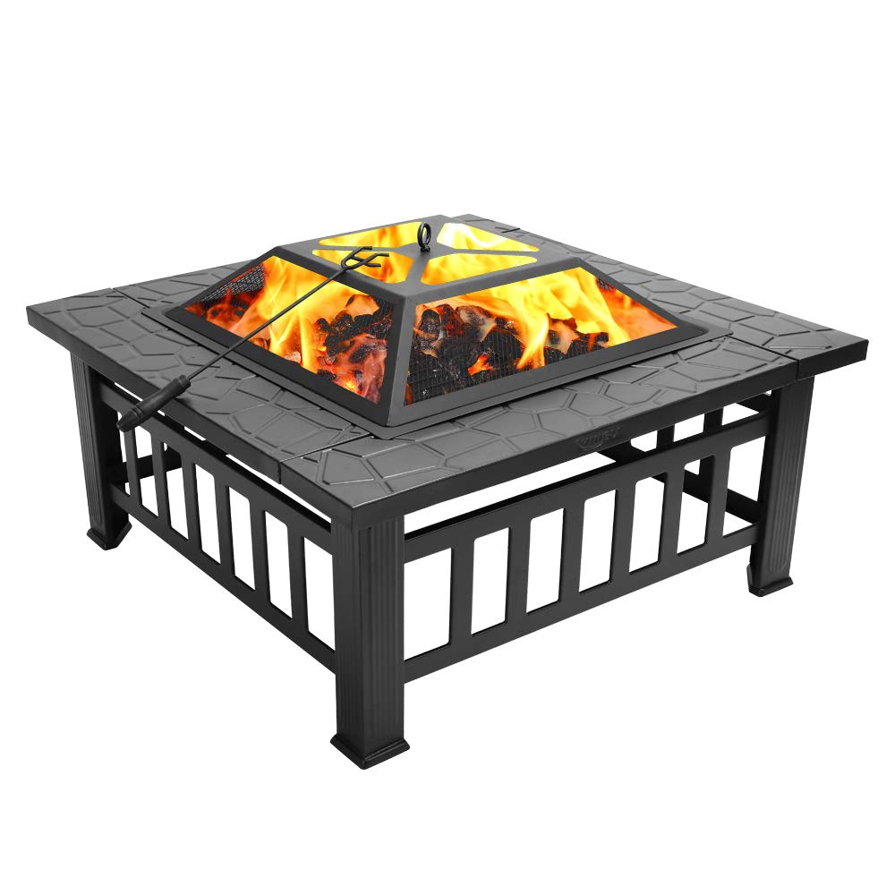 32" Metal Square Fire Pit with Charcoal Rack D739