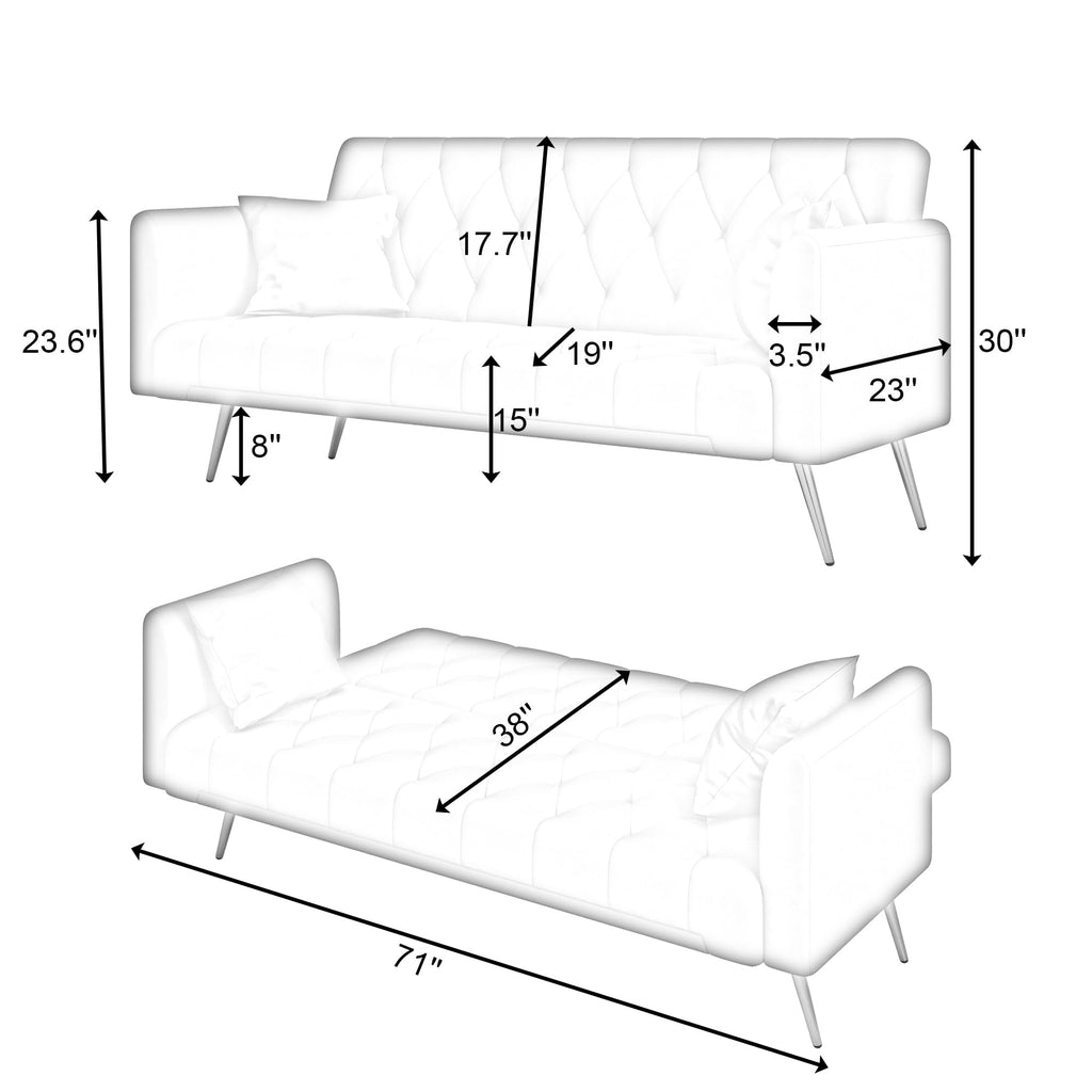 71" Velvet Futon Sofa Bed with 2 Pillows M540081