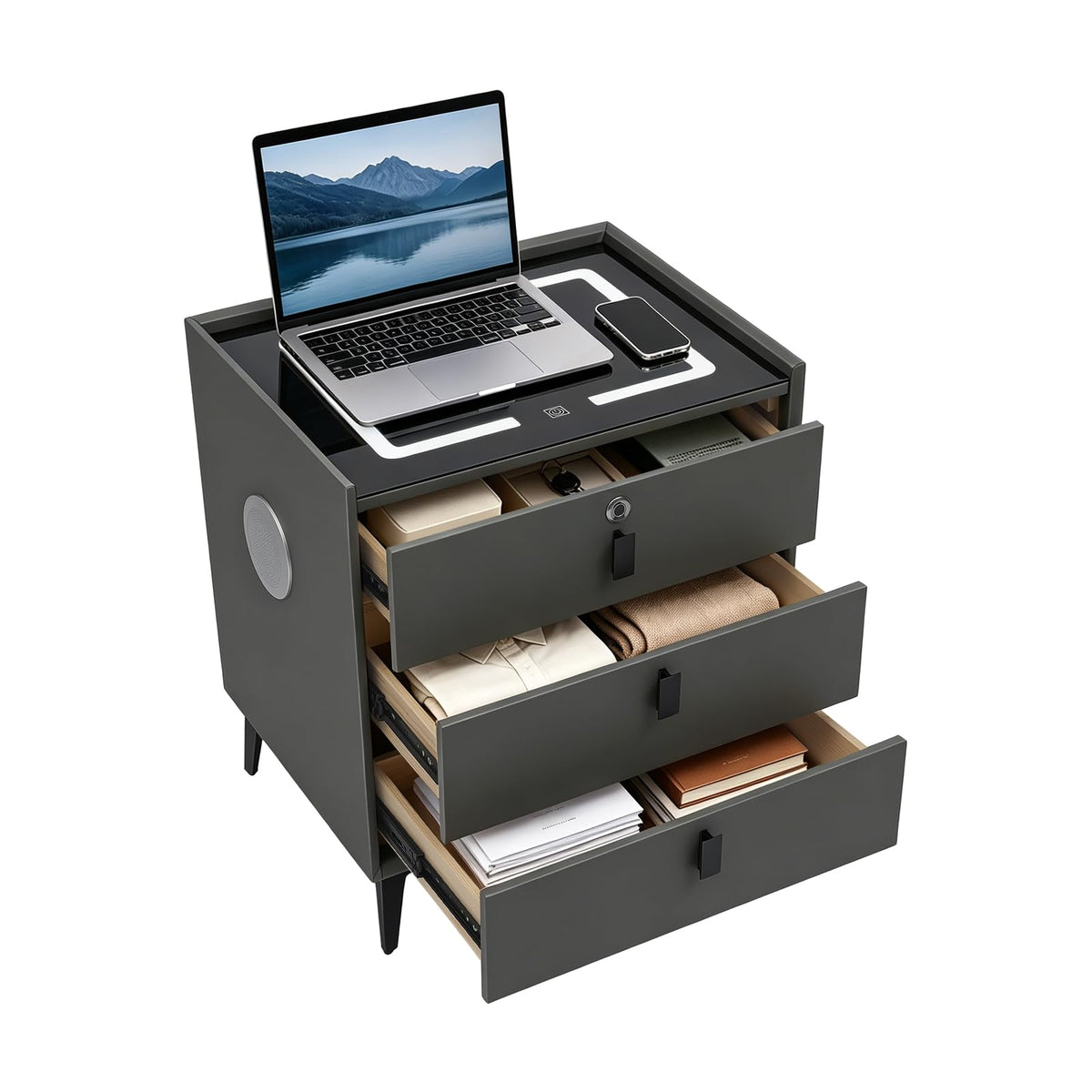 Fingerprint Lock Nightstand with USB & Wireless Charging and 3 Drawers W780