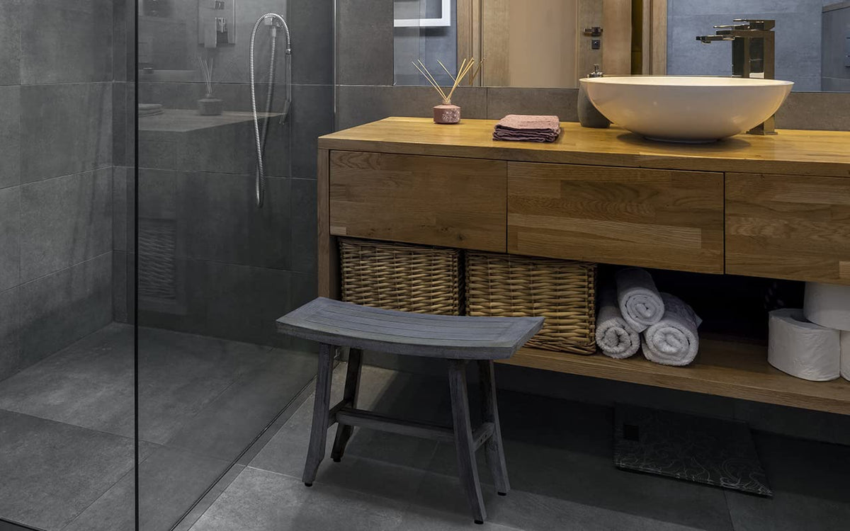 24" Gray Teak Shower Bench with Curved Seat Q397223
