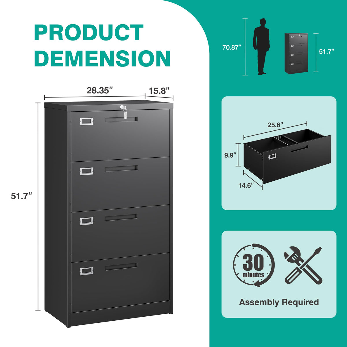 Black 4 Drawer Metal Lateral File Cabinet with Lock E881042