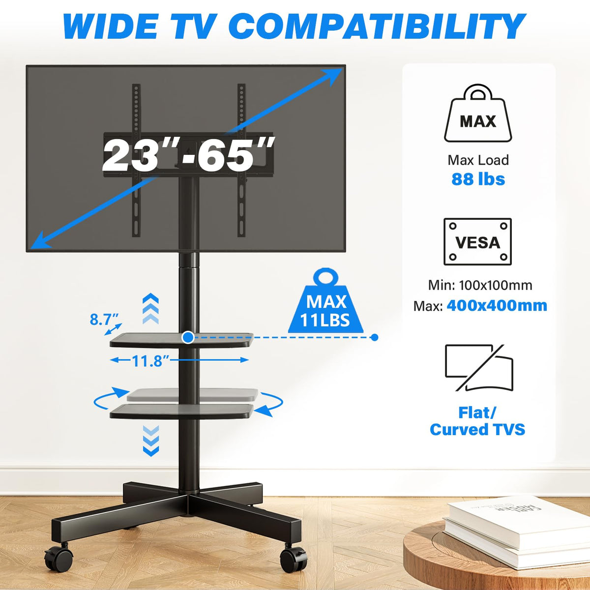 Mobile TV Stand for 23-65 Inch Flat Curved TVs Black L743