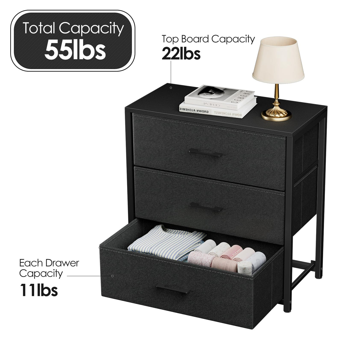 Black 3 Fabric Drawer Nightstand D5052