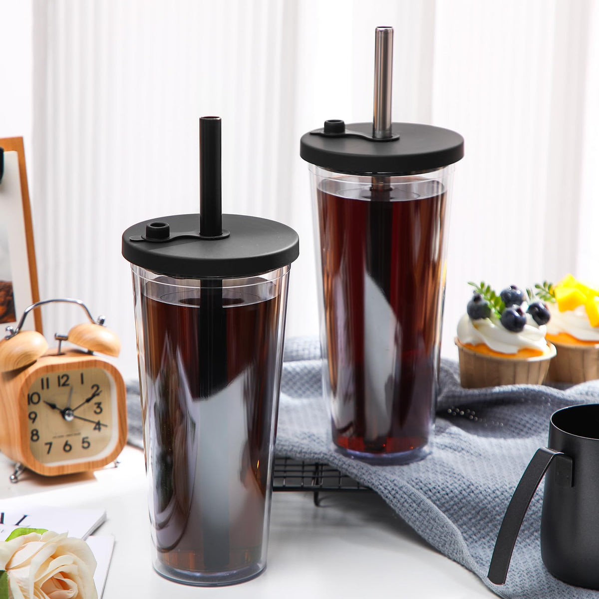 2 Pack 24 oz Clear Plastic Insulated Tumblers with Lids and Straws N755967