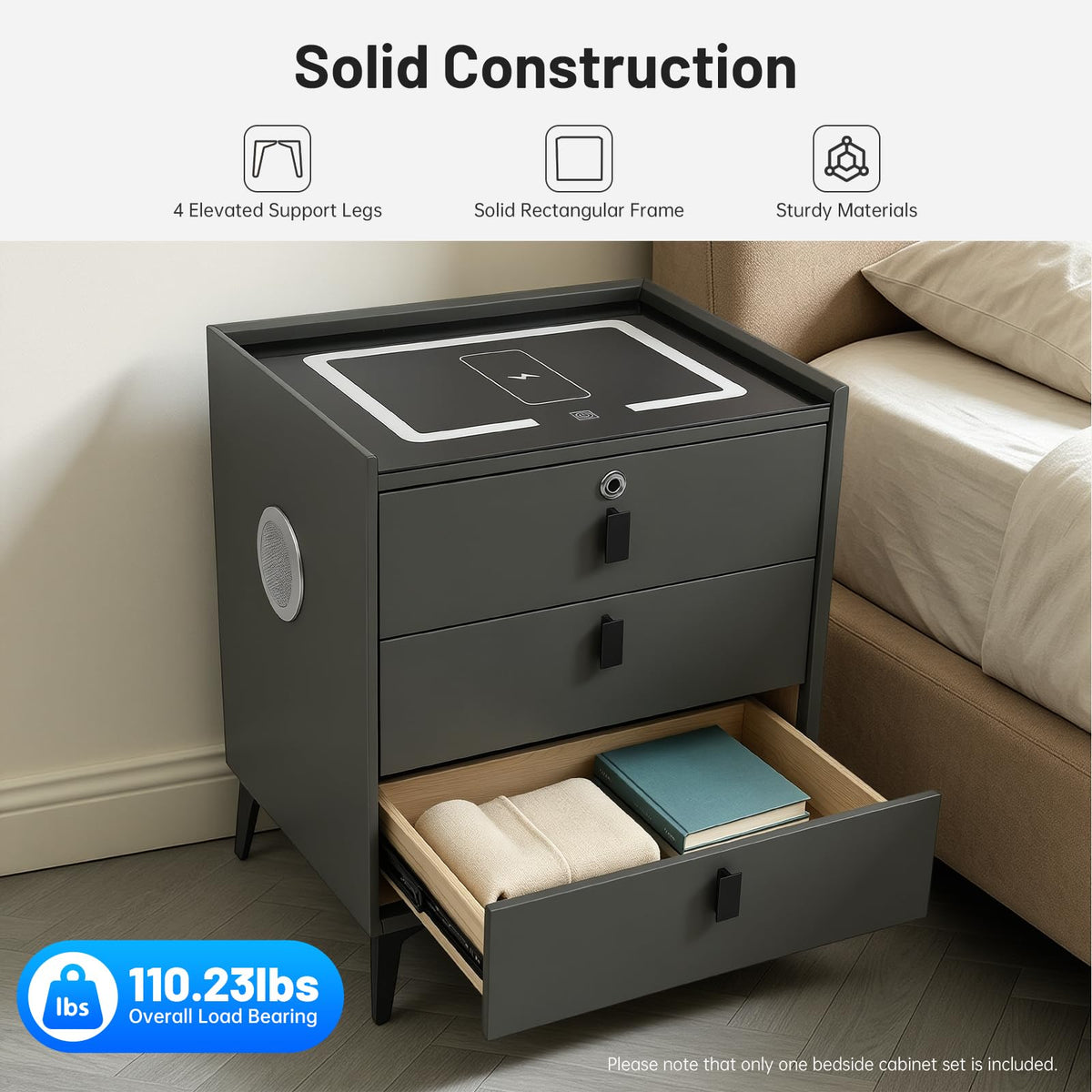 Fingerprint Lock Nightstand with USB & Wireless Charging and 3 Drawers W780