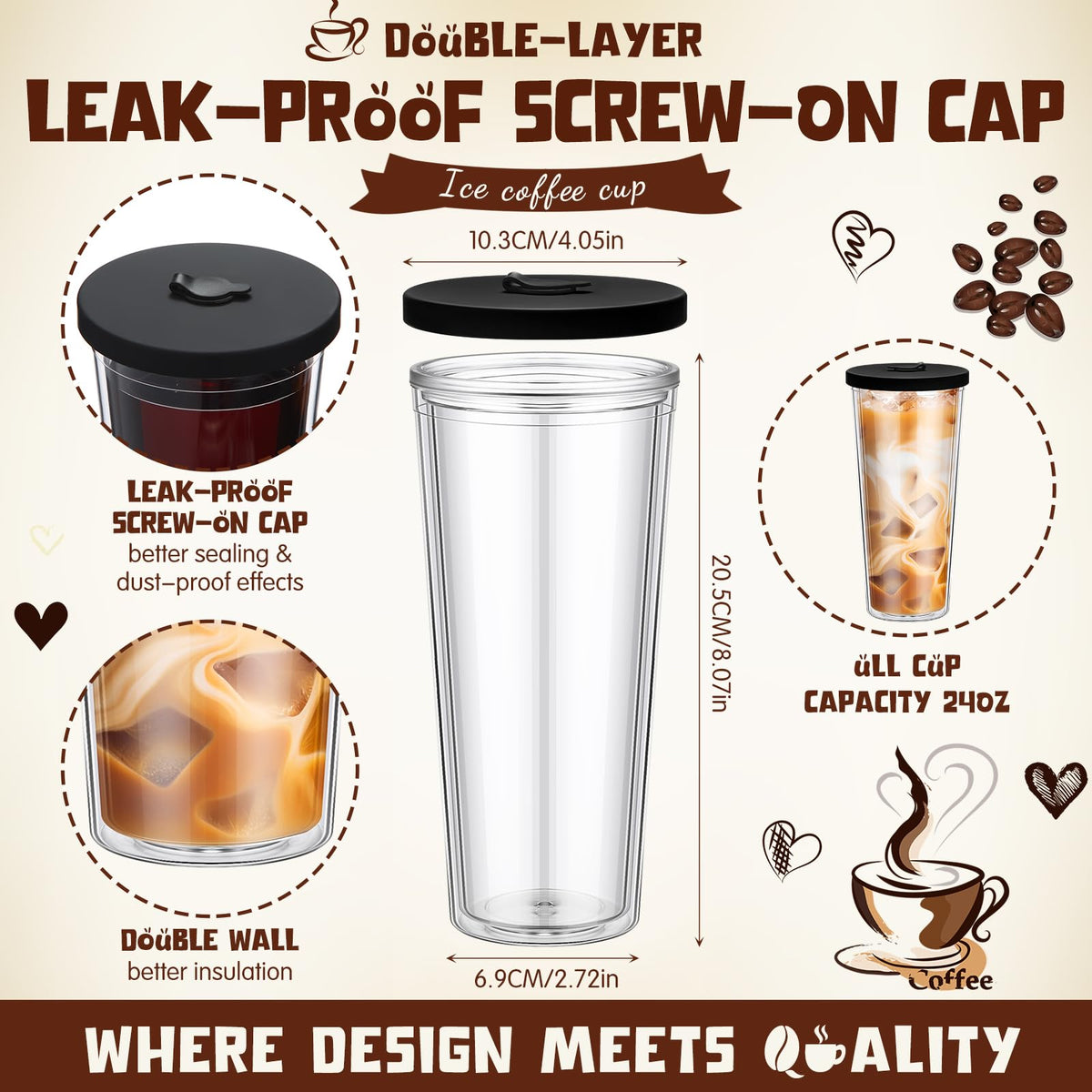 2 Pack 24 oz Clear Plastic Insulated Tumblers with Lids and Straws N755967