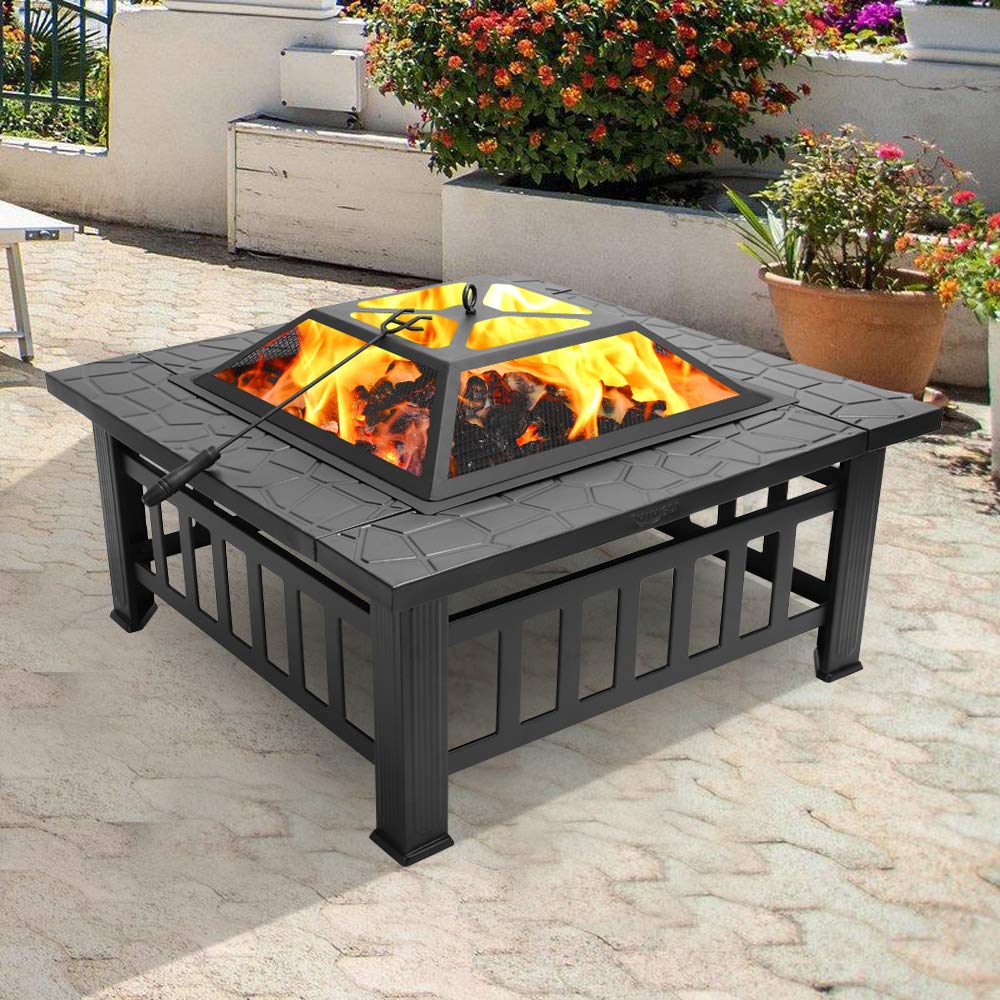 32" Metal Square Fire Pit with Charcoal Rack D739