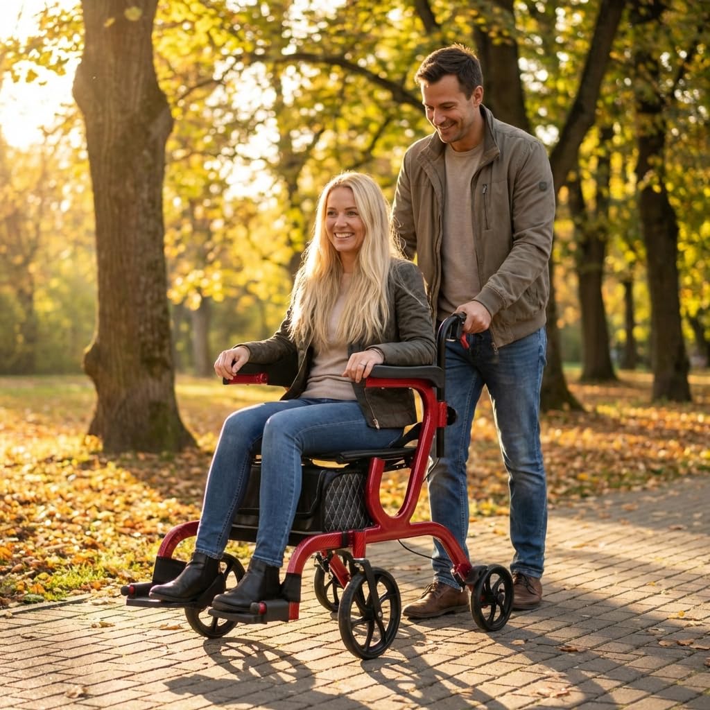 2-in-1 Folding Rollator Walker & Transport Chair with 10” Front Wheels T949674