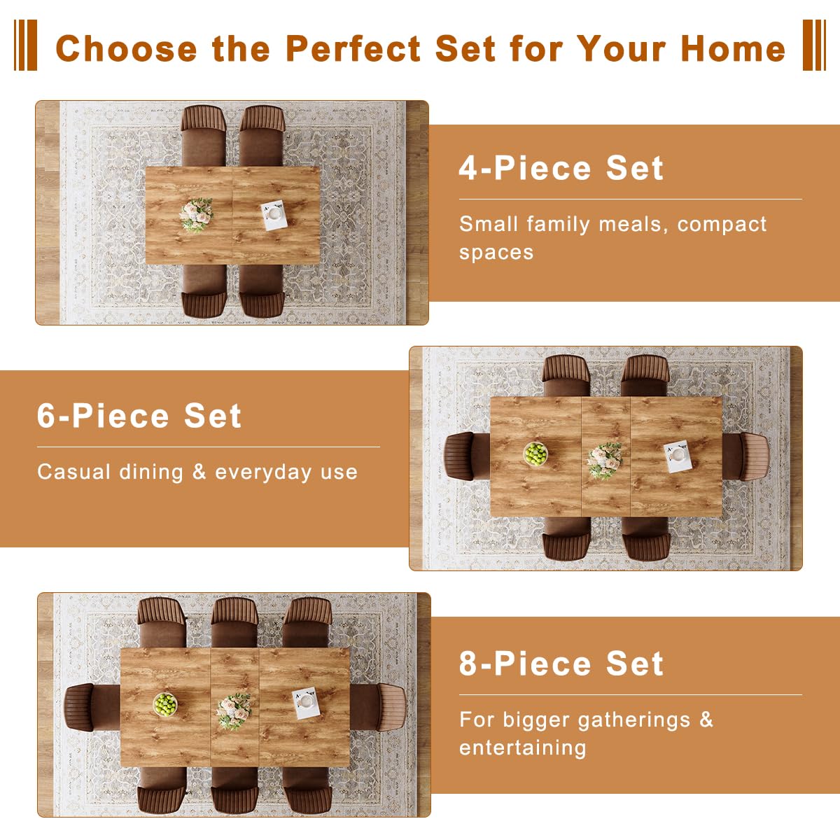 Extendable Dining Table Set for 8 Wood Upholstered Chairs Q624582