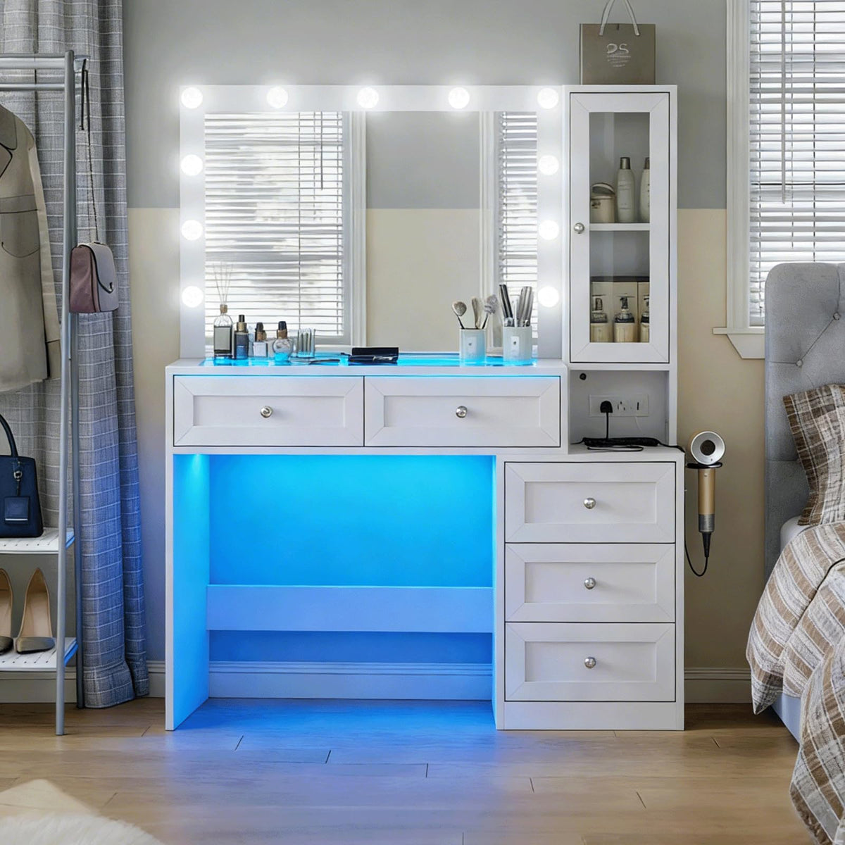 White Vanity Desk with LED Lights Mirror and 5 Storage Drawers W427