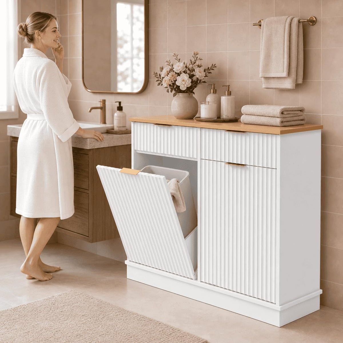 White Double Tilt Out Trash Can Cabinet Q383