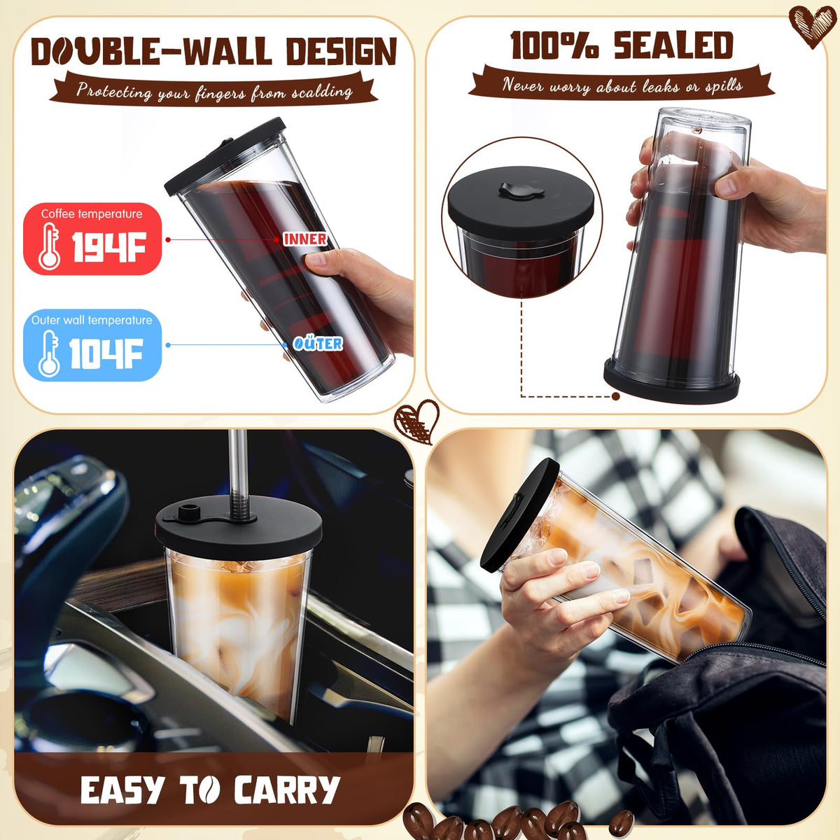 2 Pack 24 oz Clear Plastic Insulated Tumblers with Lids and Straws N755967