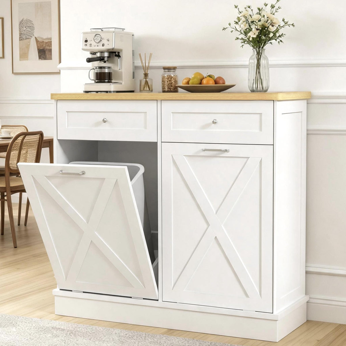 2x10 Gallon Tilt Out Trash Cabinet with Hideaway Drawers, White K202929