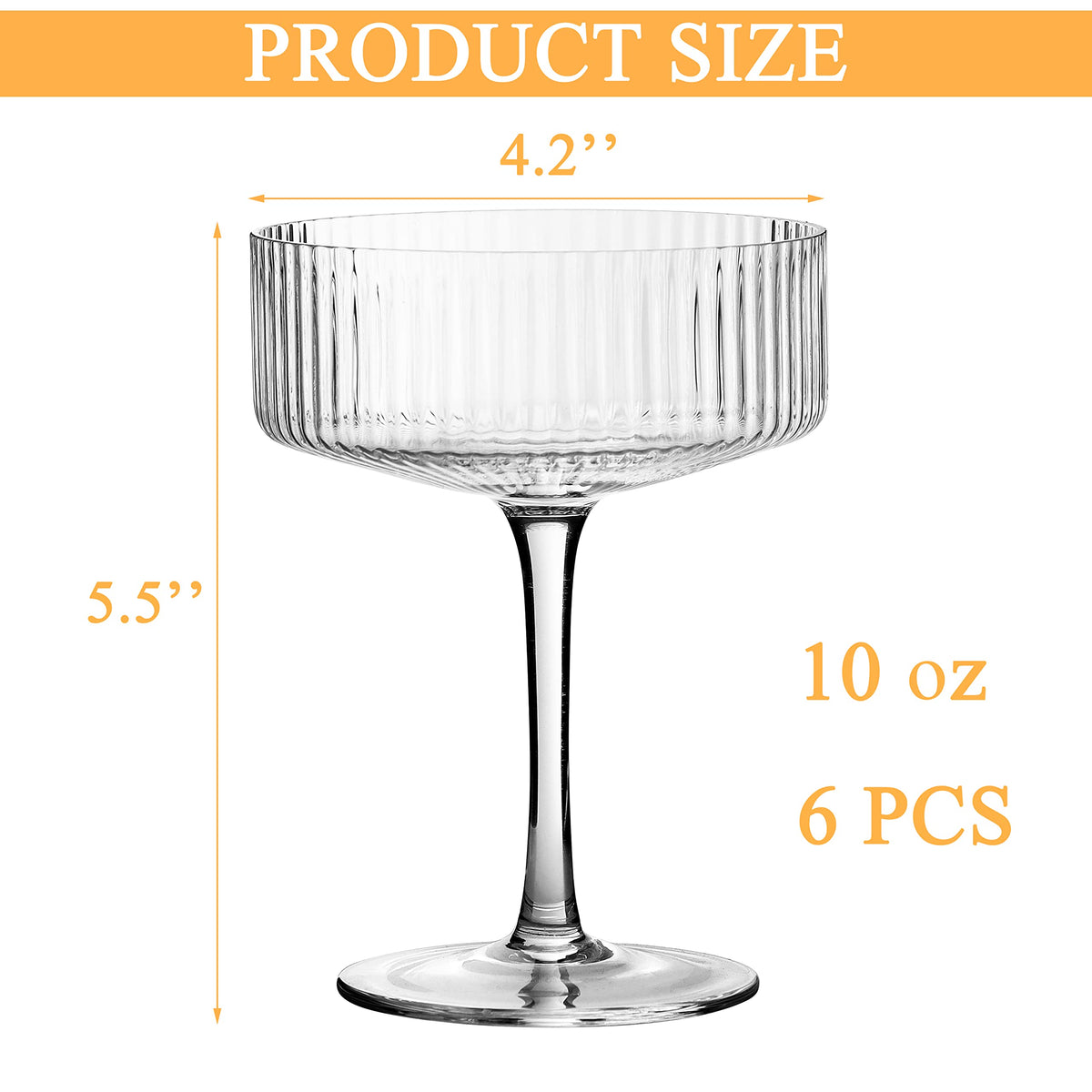6 Pcs 10 oz Ribbed Coupe Cocktail Glasses R254