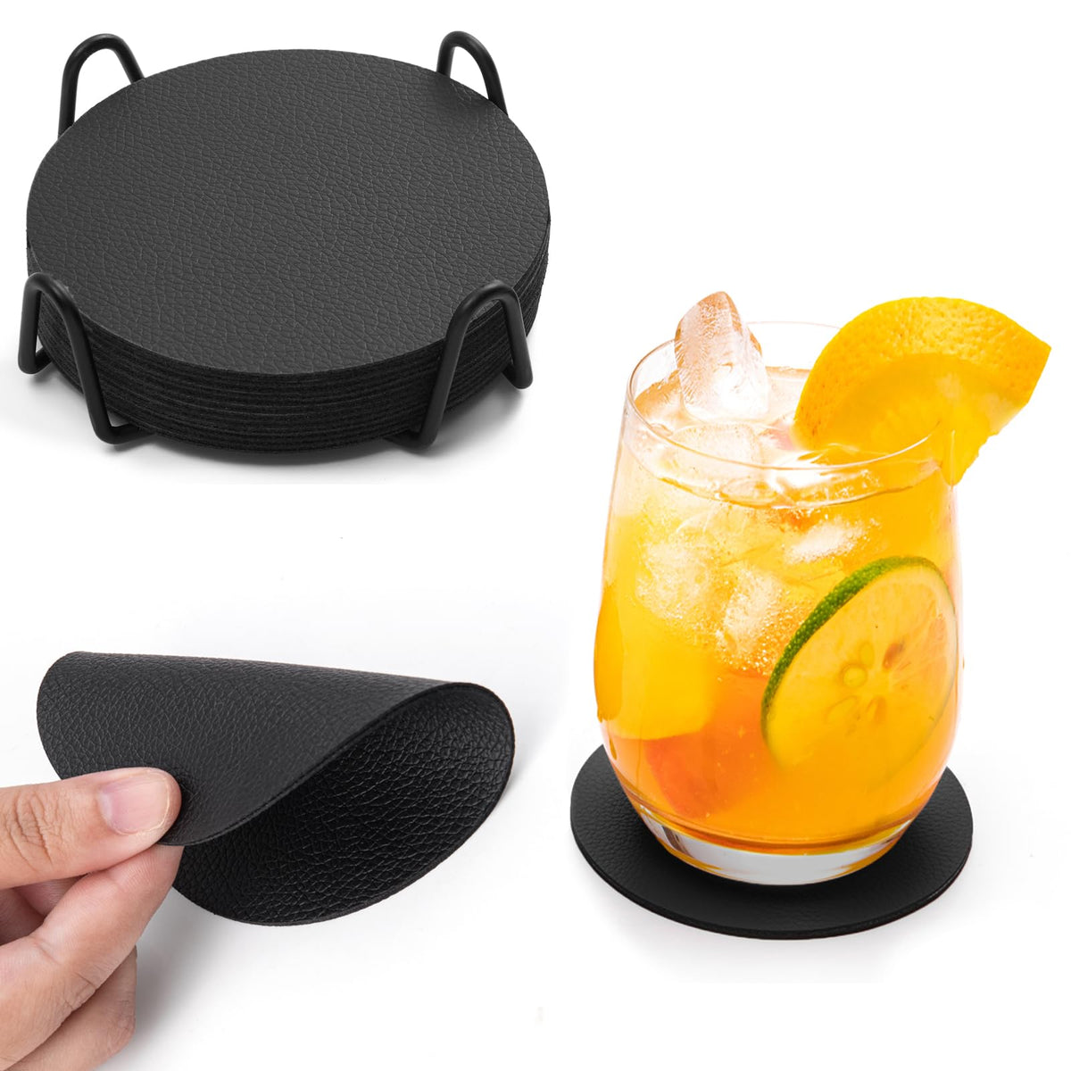 Faux Leather Drink Coasters with Holder, Set of 12 Y8494