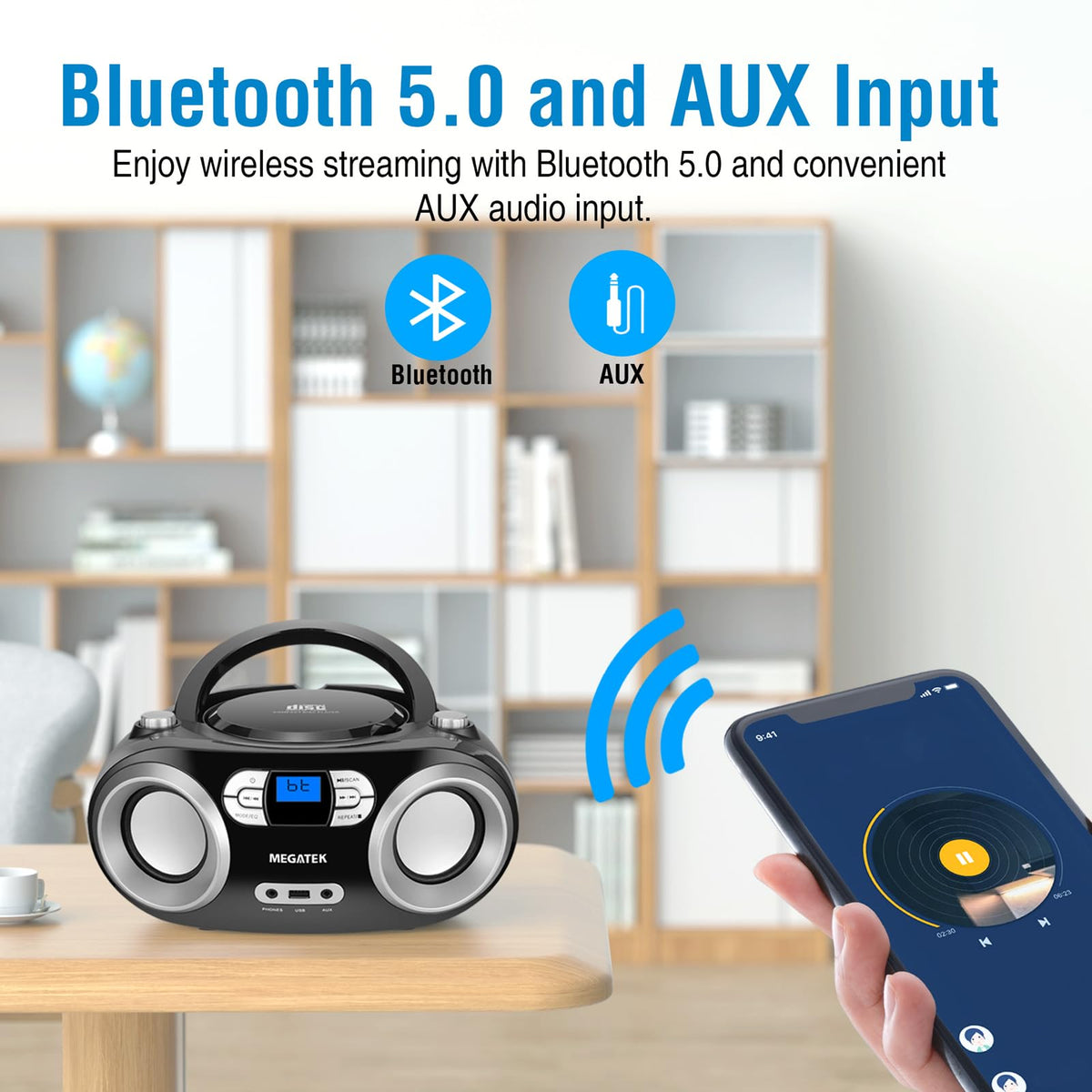 Portable CD Player Boombox with Bluetooth & FM Radio – Black E126869