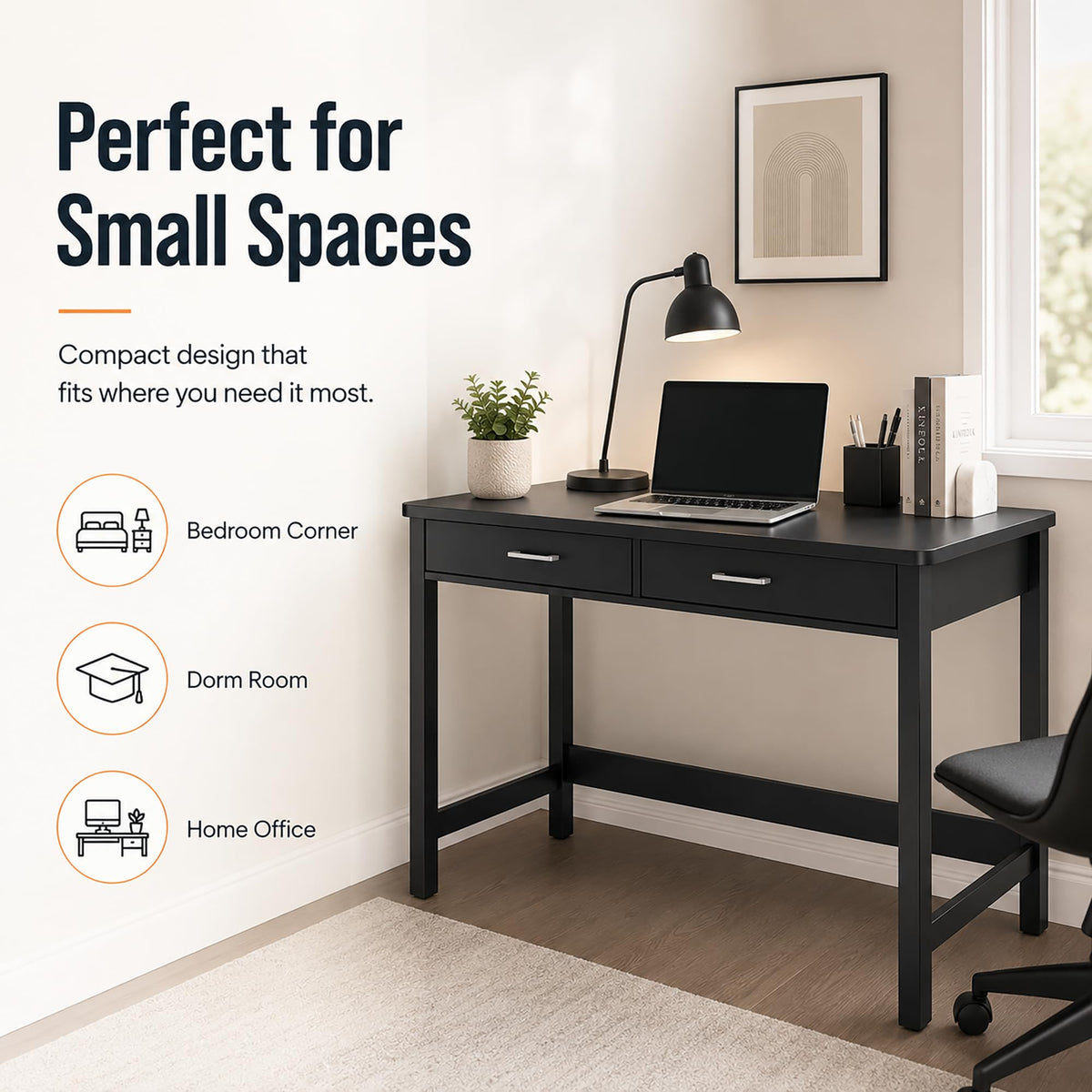 39.4" Small Desk with Wood Drawers Black G586389