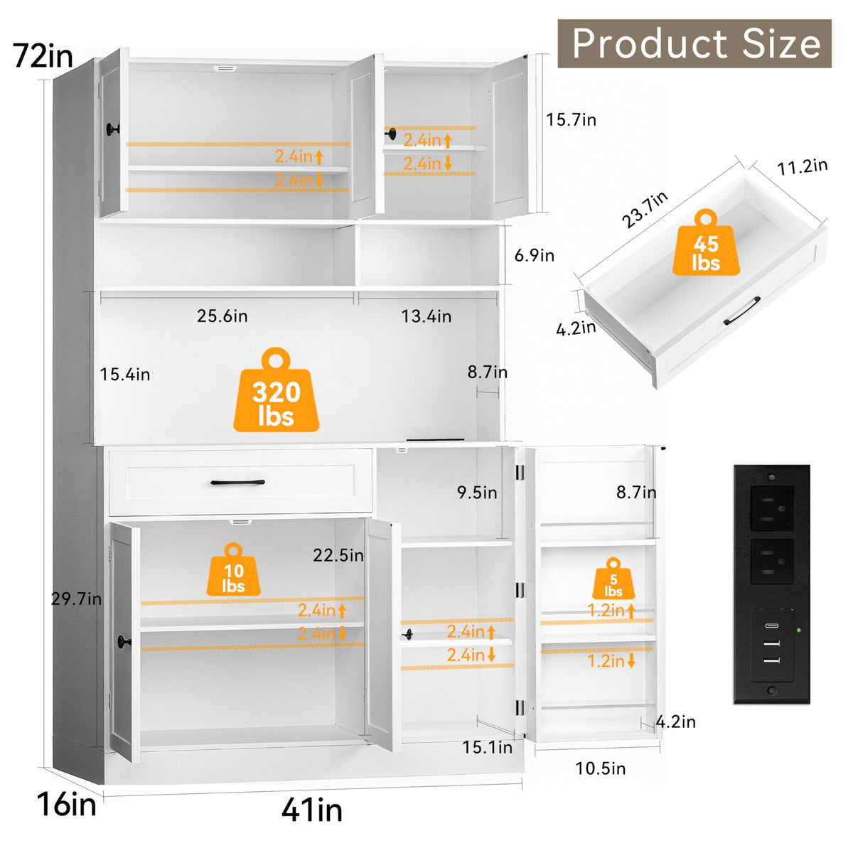 72" Kitchen Pantry Cabinet with LED Light and Charging Station T5280