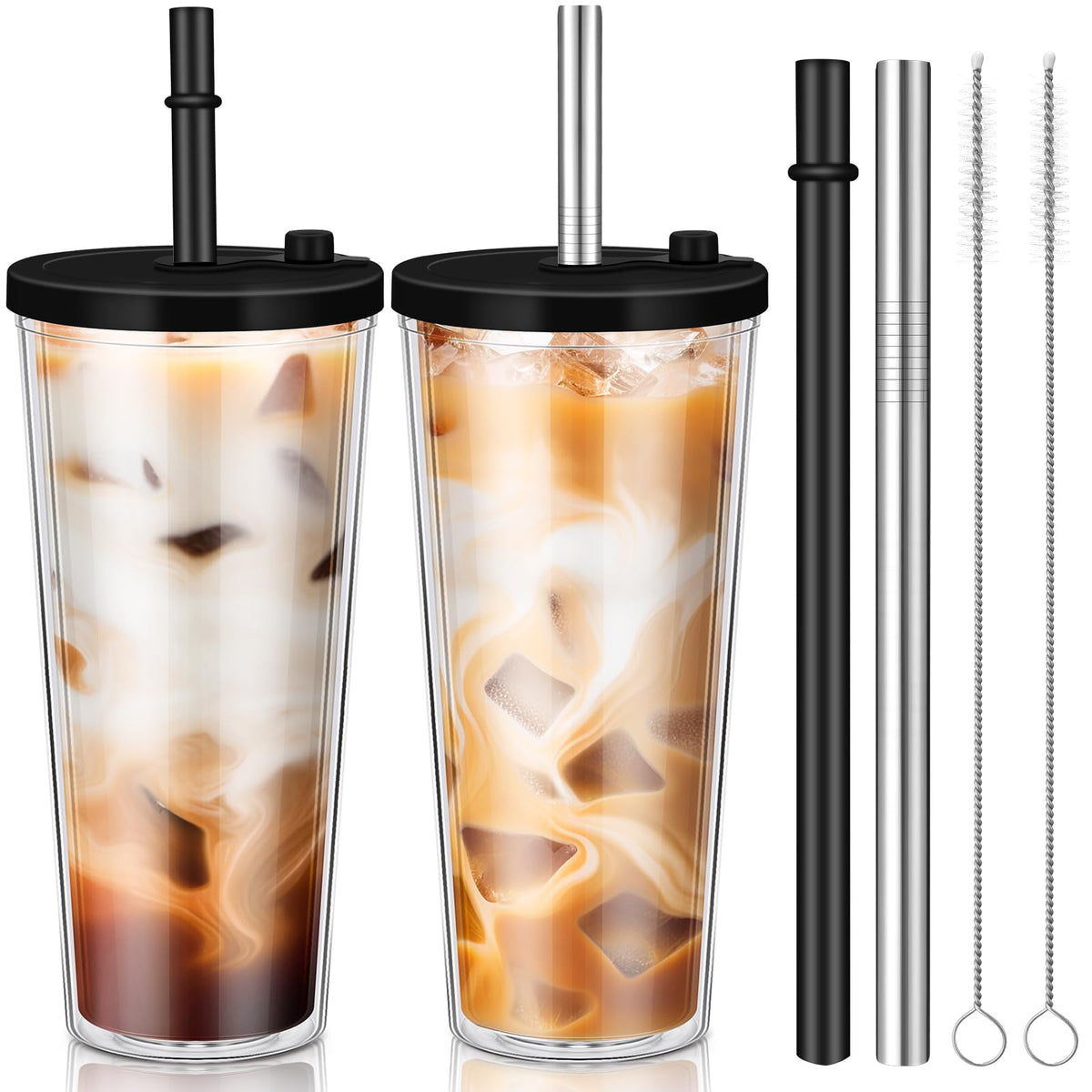 2 Pack 24 oz Clear Plastic Insulated Tumblers with Lids and Straws N755967