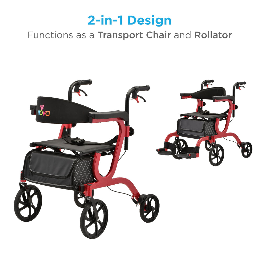2-in-1 Folding Rollator Walker & Transport Chair with 10” Front Wheels T949674