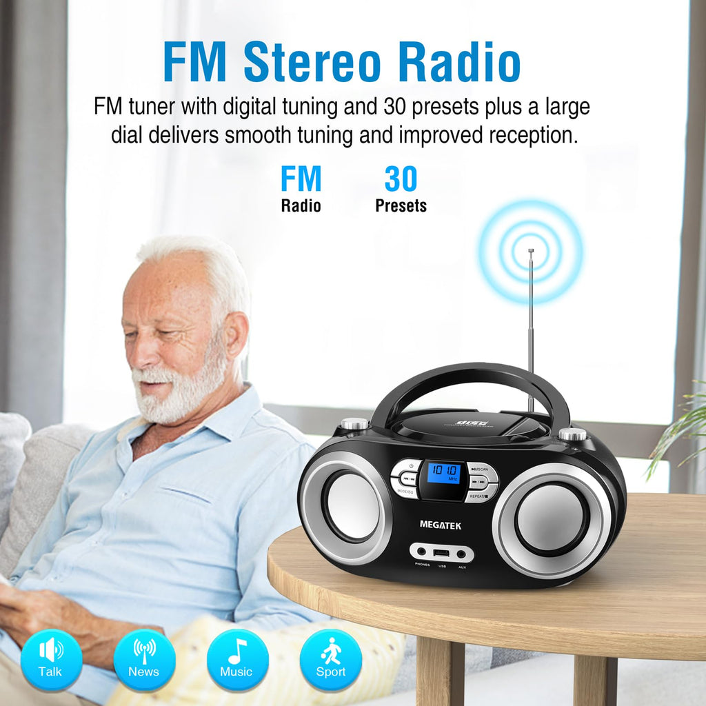 Portable CD Player Boombox with Bluetooth & FM Radio – Black E126869