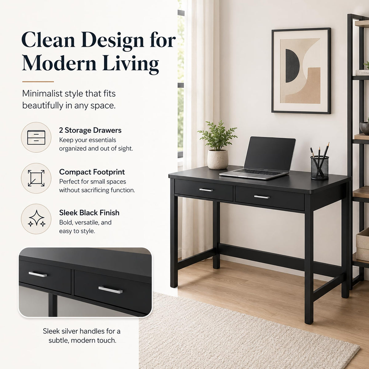 39.4" Small Desk with Wood Drawers Black G586389