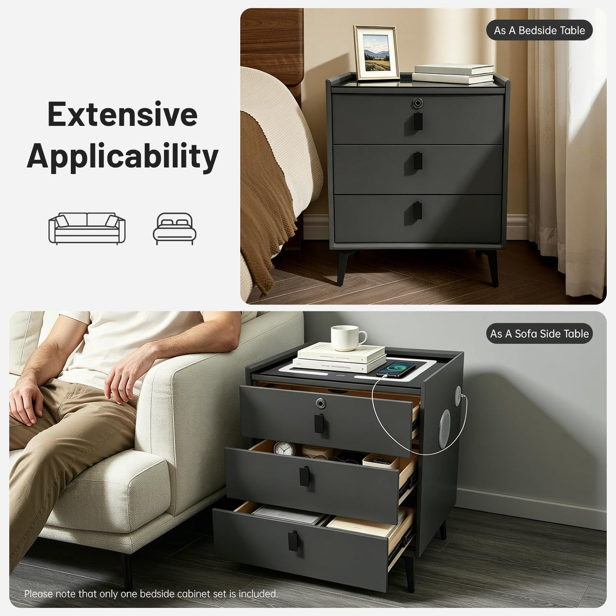 Fingerprint Lock Nightstand with USB & Wireless Charging and 3 Drawers W780