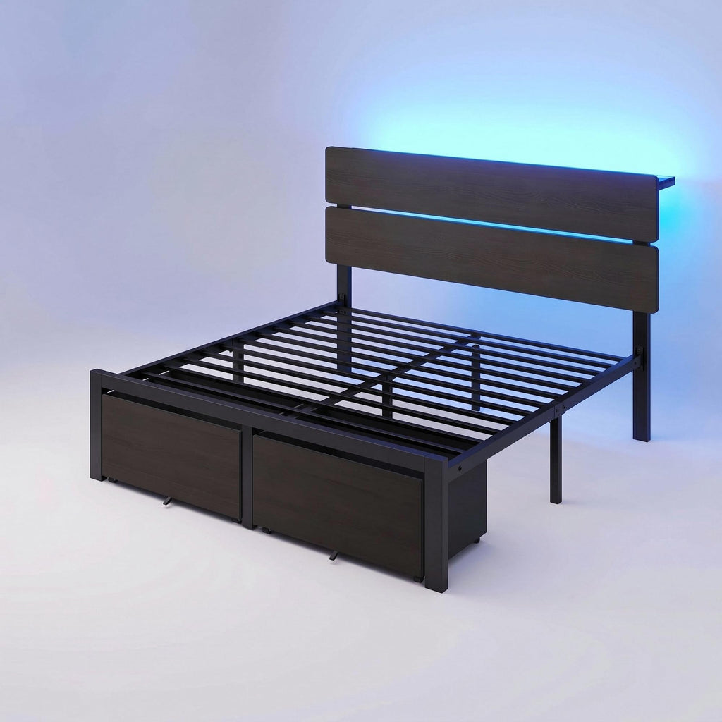 Queen Led Bed Frame with 2 Storage Drawers and Charging Station, Black P1640