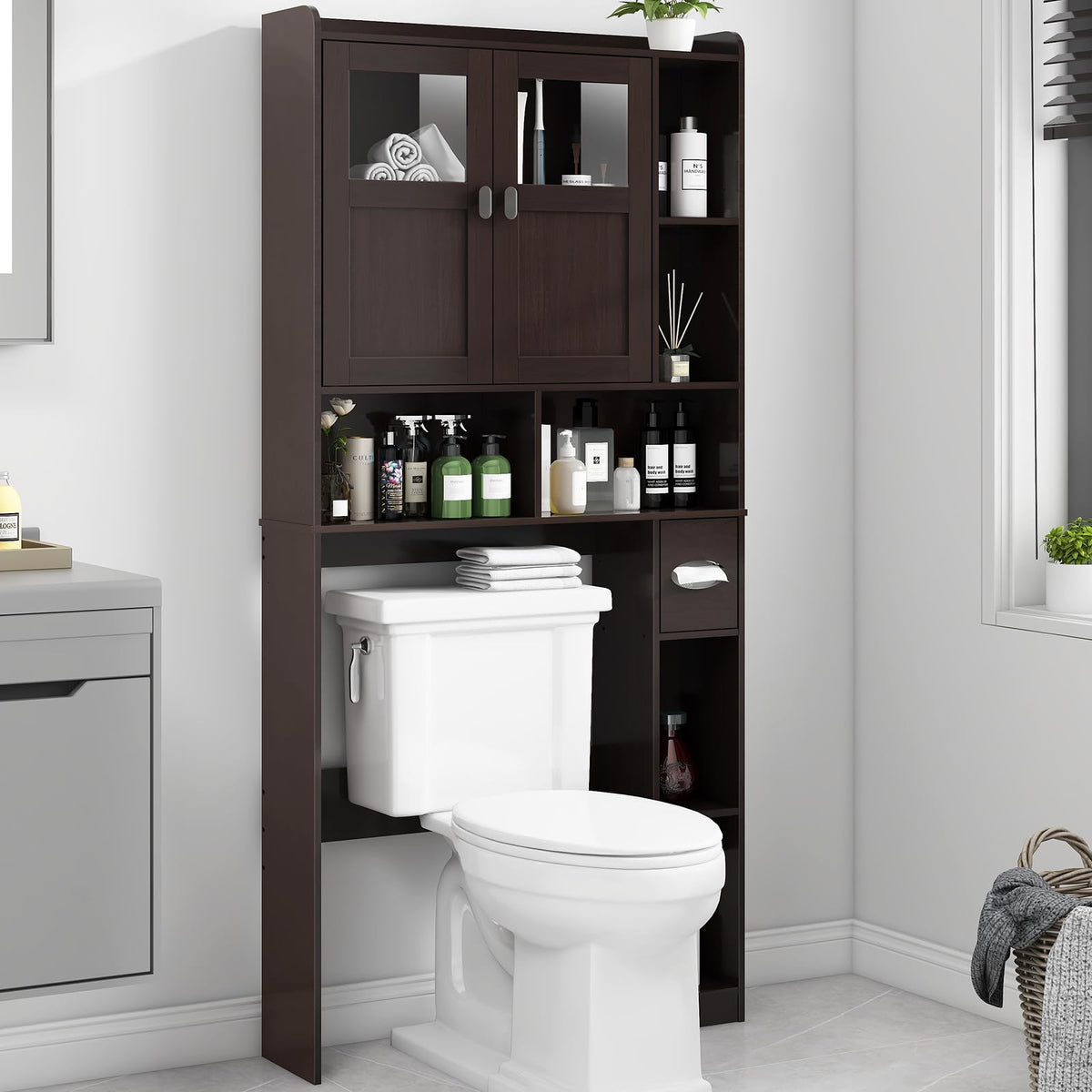 Over The Toilet Storage Cabinet with Doors and Shelves A720025