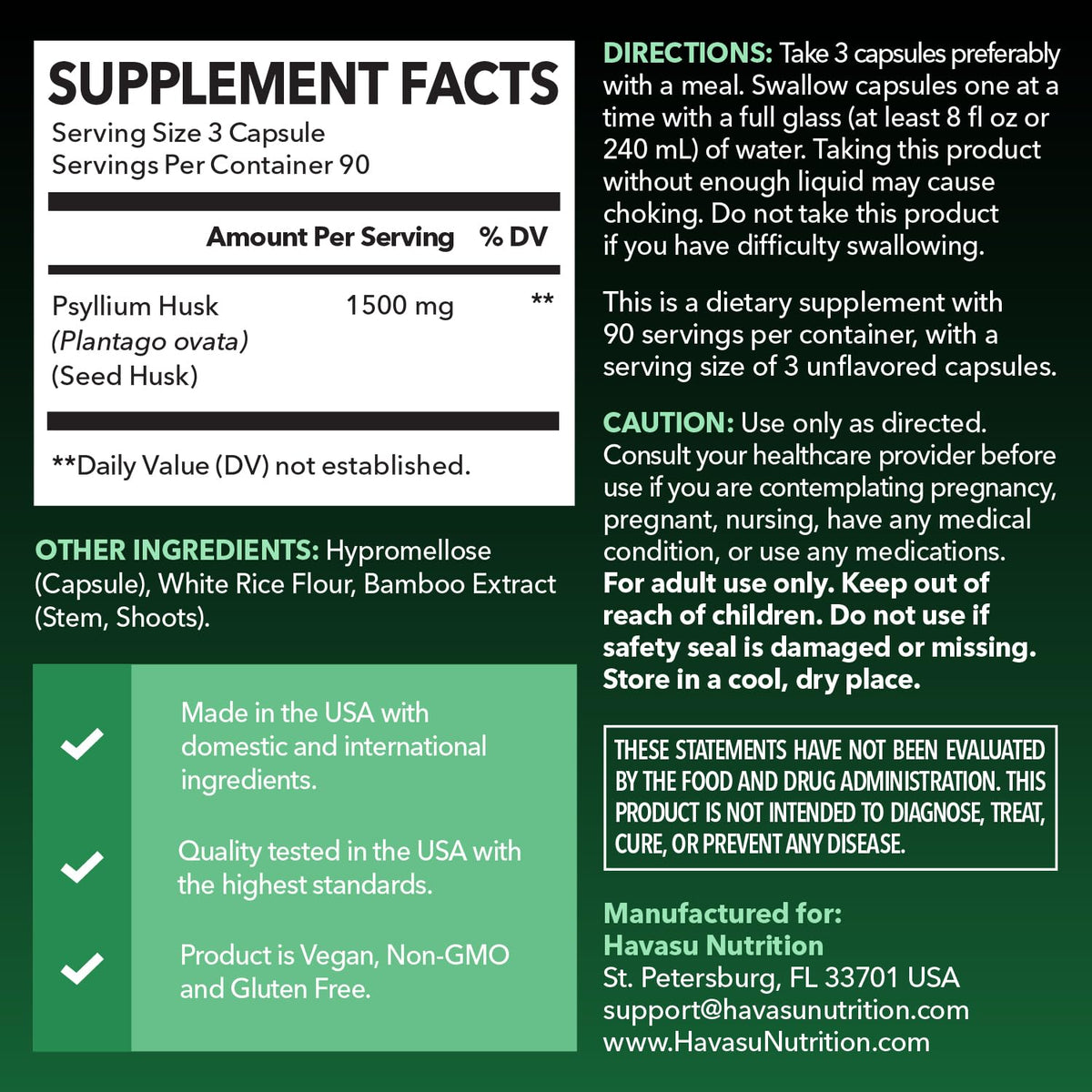 Vegan Psyllium Husk Fiber Capsules 270 Pills C153