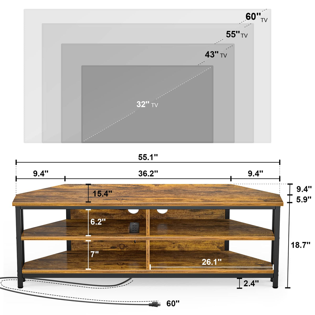 55'' Corner TV Stand with Power Outlet and 4 Open Storage Shelves B354651