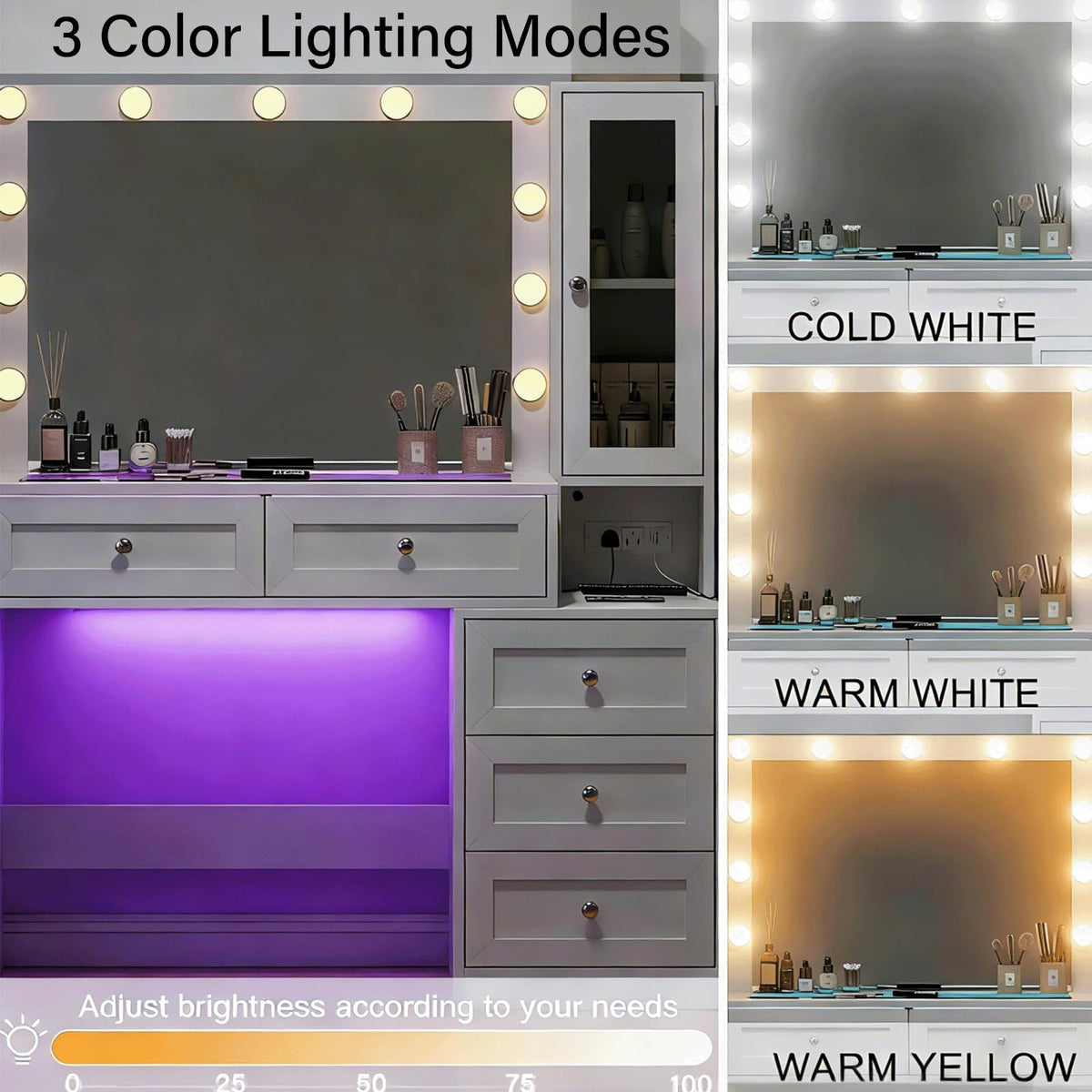White Vanity Desk with LED Lights Mirror and 5 Storage Drawers W427