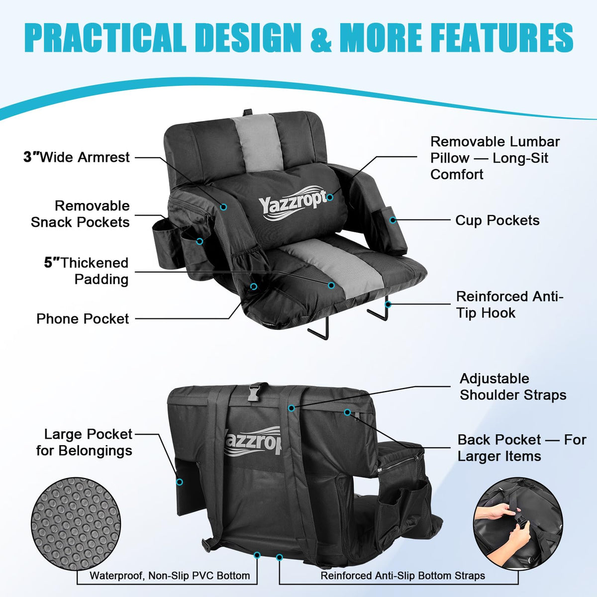 Wide Padded Stadium Seat with Back Support and Cup Holder W95577