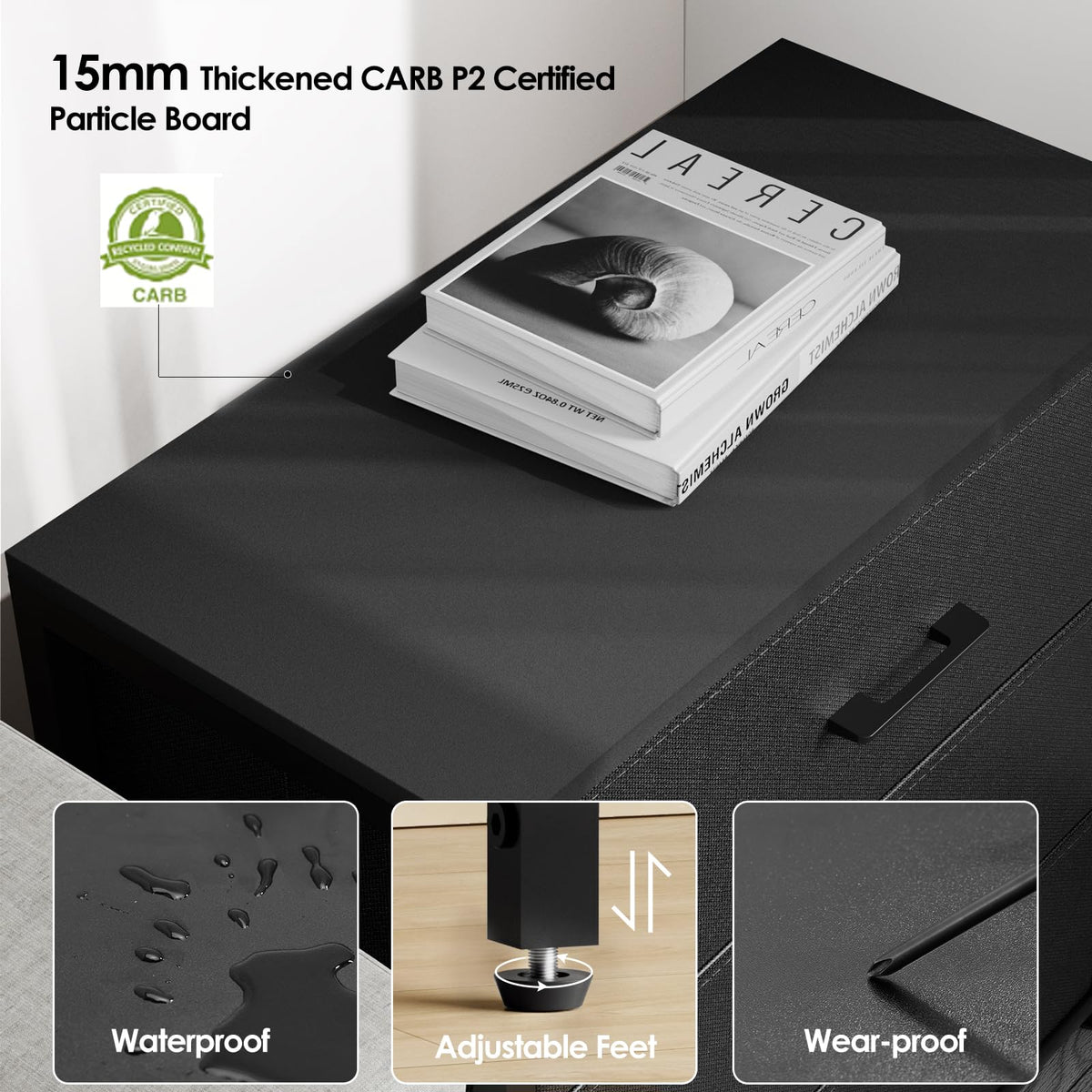 Black 3 Fabric Drawer Nightstand D5052