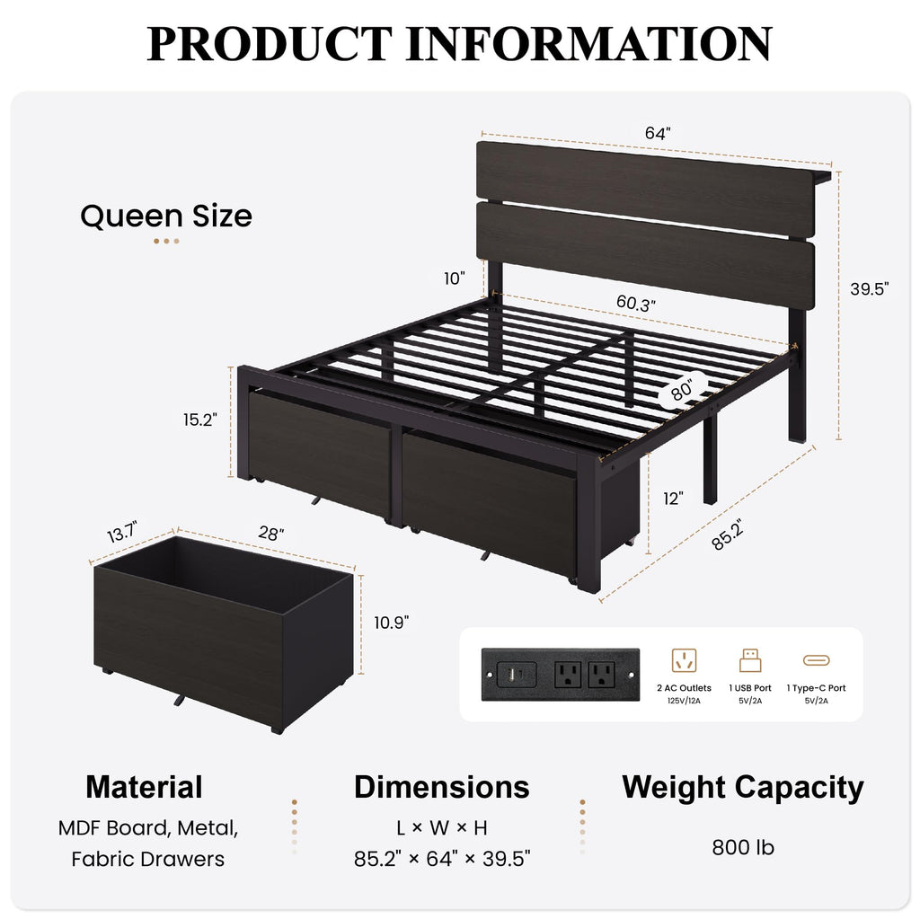 Queen Led Bed Frame with 2 Storage Drawers and Charging Station, Black P1640