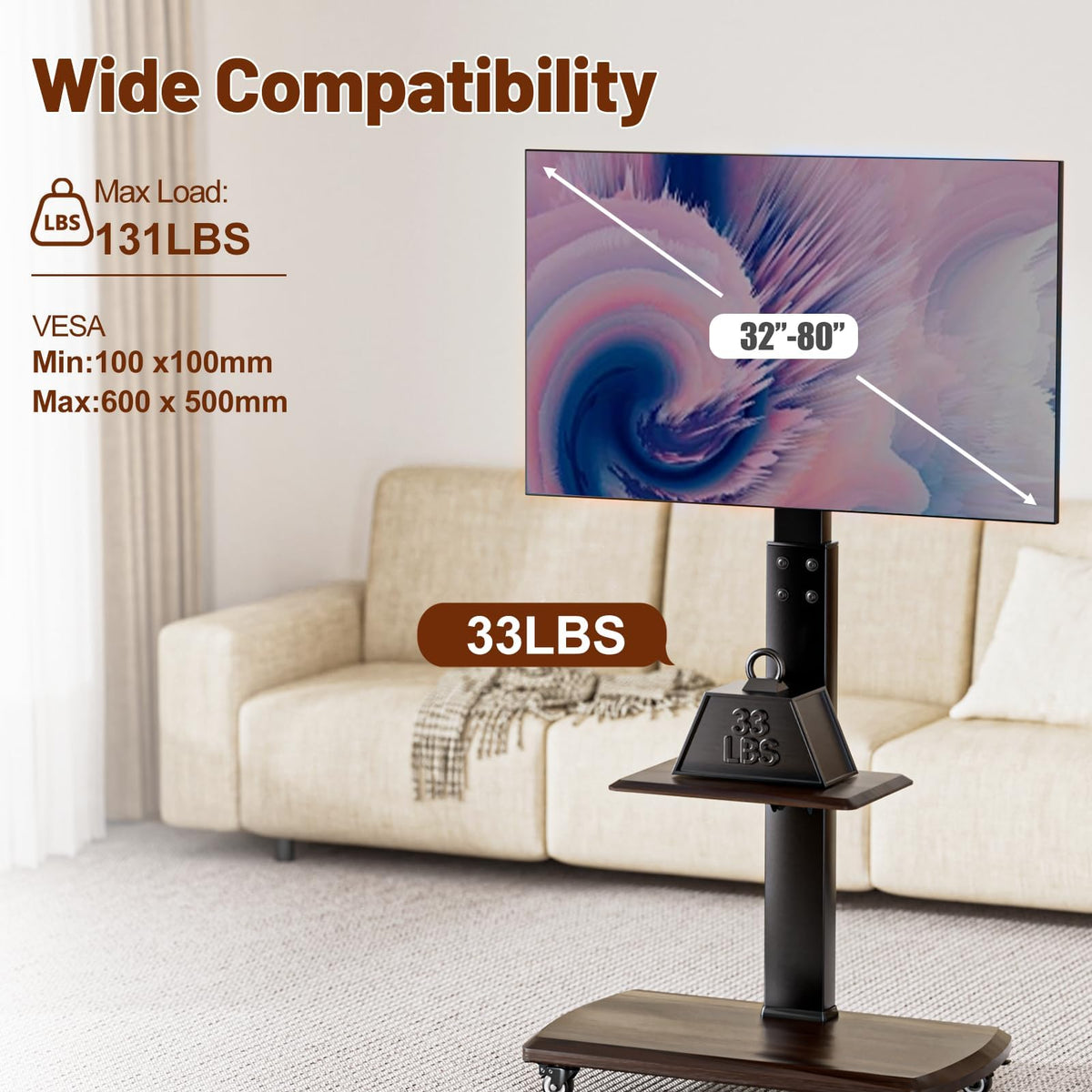 Rolling TV Stand with Power Outlet for 32 to 80 inch TVs E964