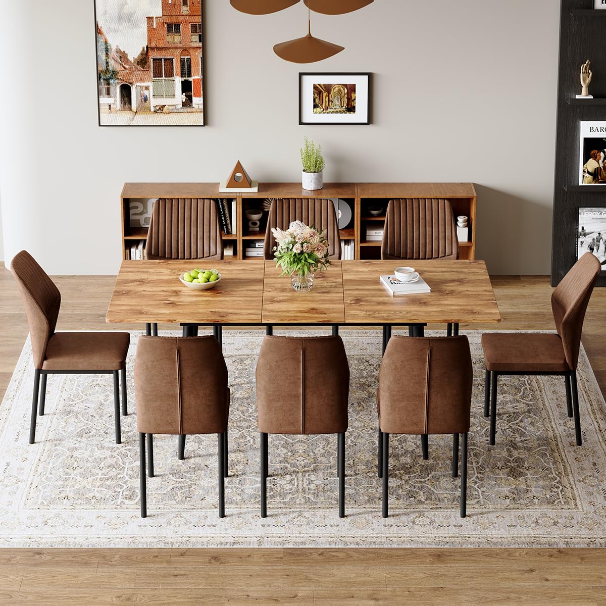 Extendable Dining Table Set for 8 Wood Upholstered Chairs Q624582