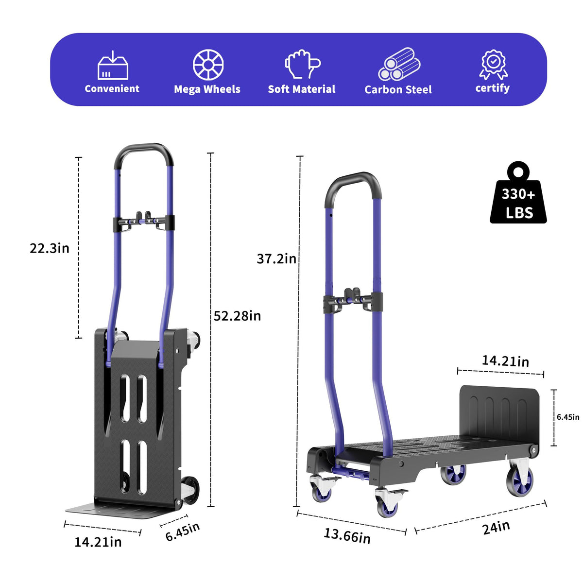 3-in-1 Folding Hand Truck 330lbs Portable Dolly Cart with Adjustable Handle K975064