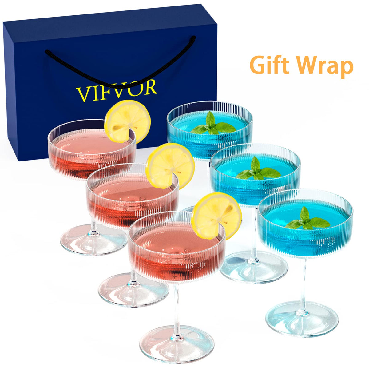 6 Pcs 10 oz Ribbed Coupe Cocktail Glasses R254